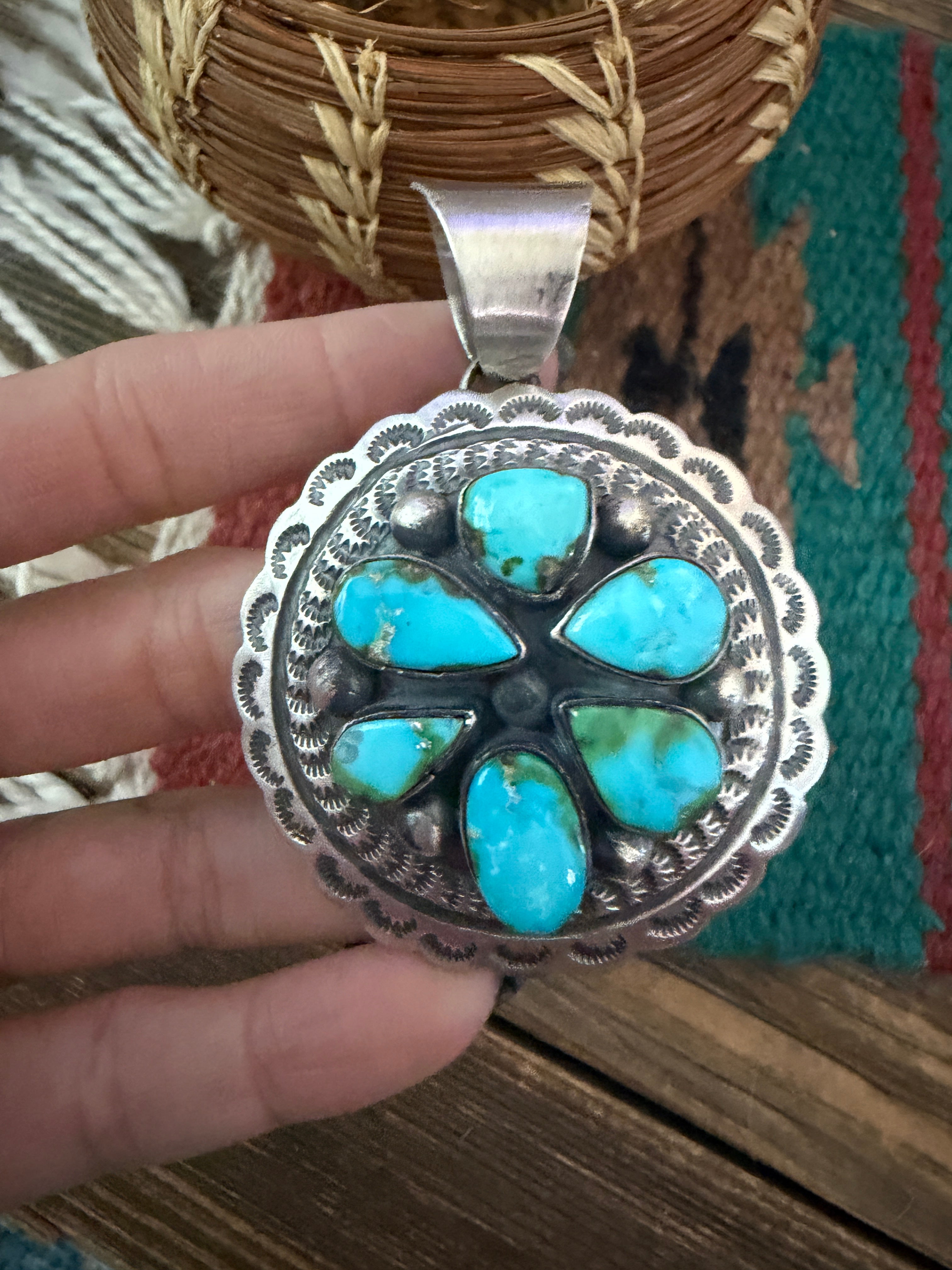 Handcrafted Sterling Silver & Sonoran Mountain Turquoise Concho Pendant by Chimney Butte
