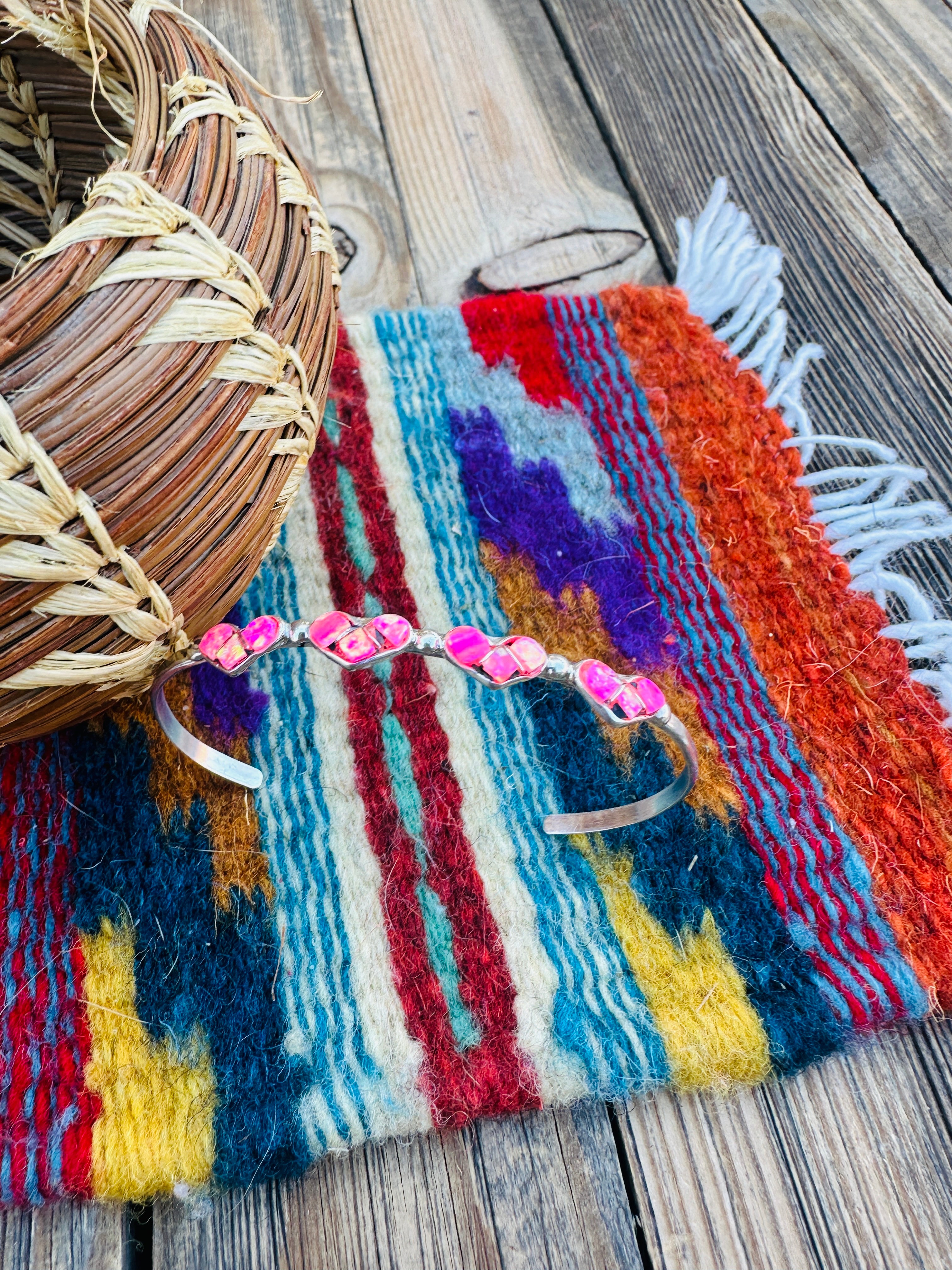 Handcrafted Sterling Silver & Pink Opal Heart Inlay Cuff Bracelet