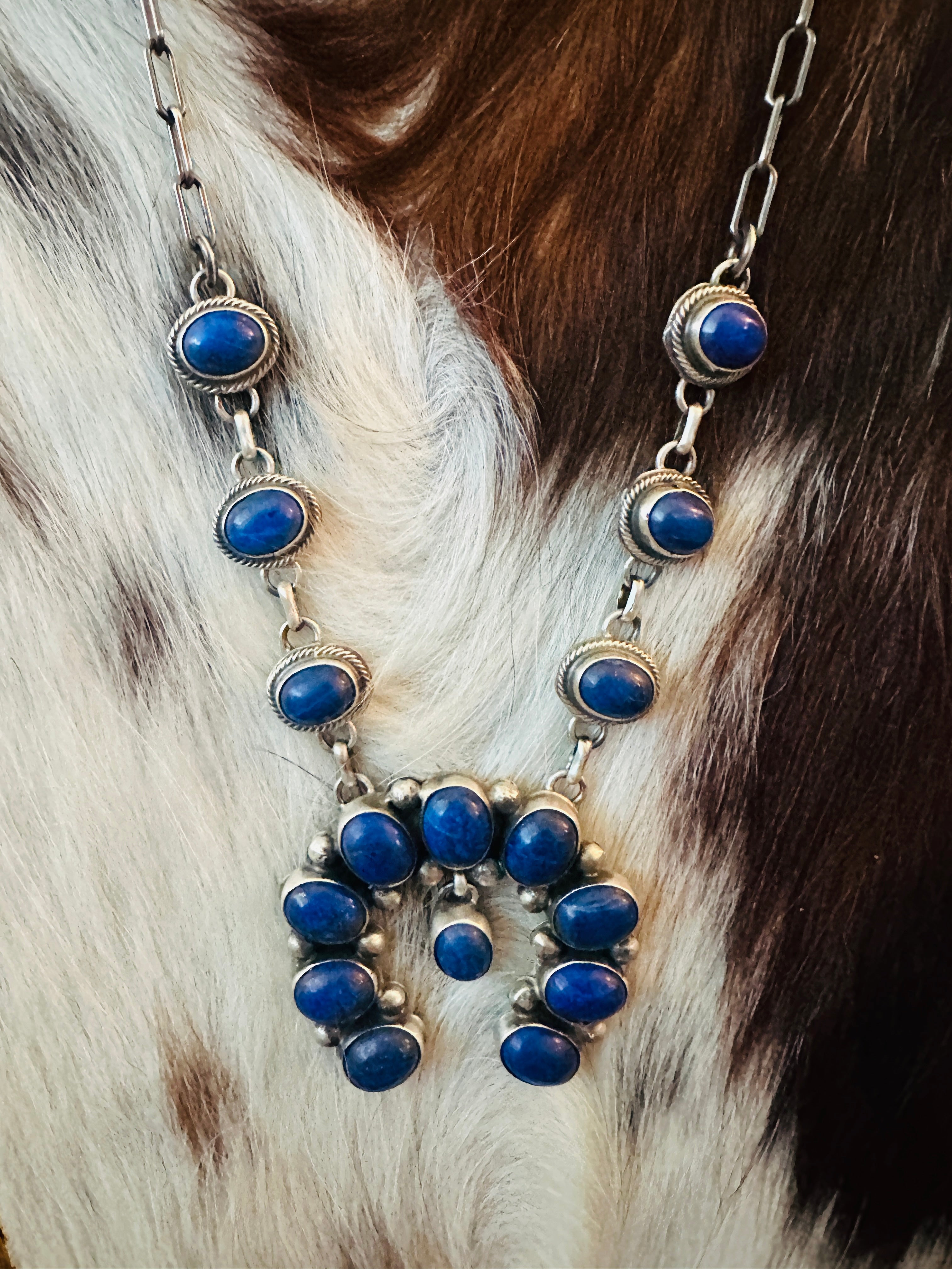 Handcrafted Lapis & Sterling Silver Squash Blossom Necklace and Earring Set
