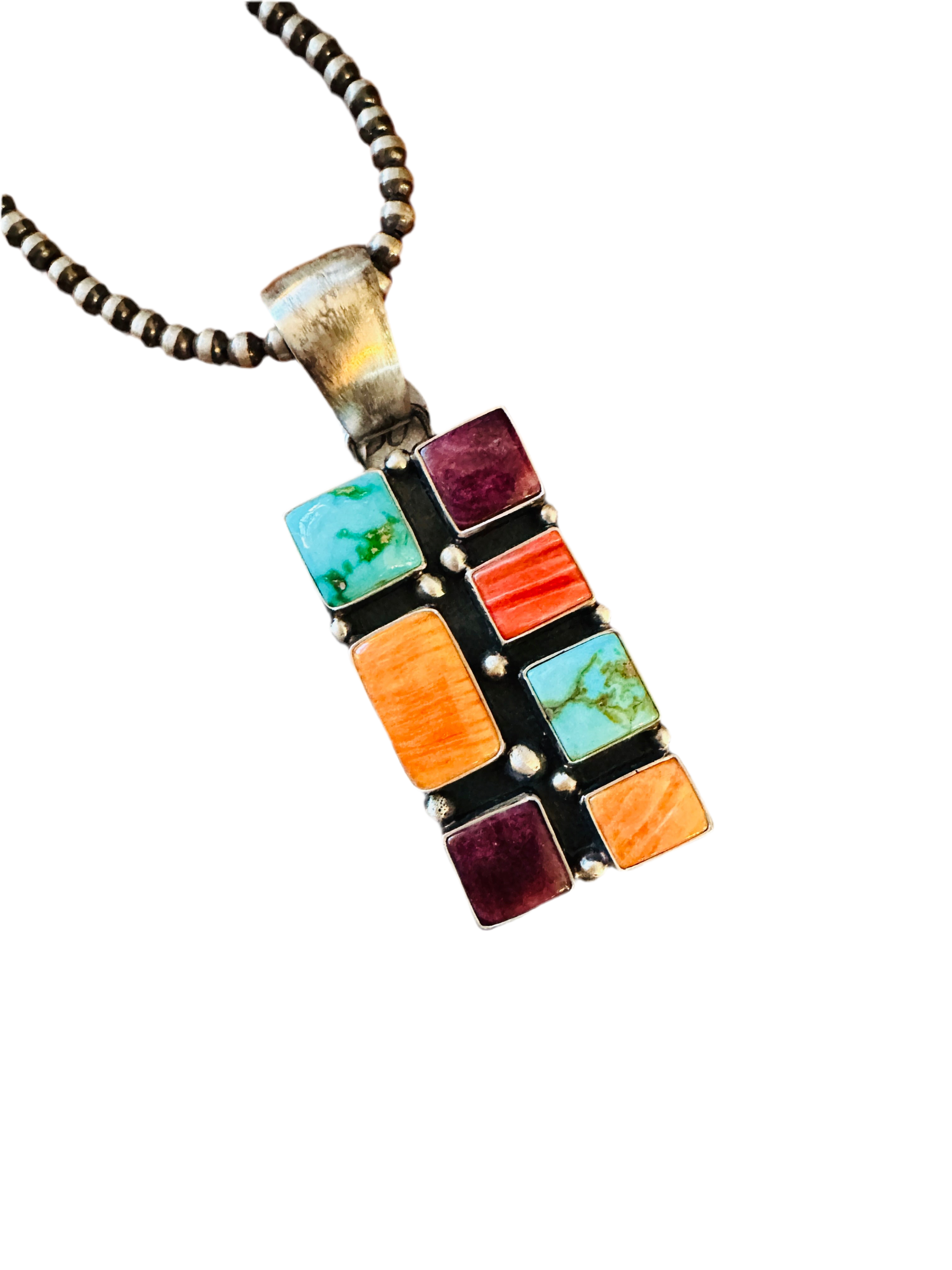 Handcrafted Electric Rainbow Turquoise, Spiny & Sterling Silver Cluster Pendant by Angela Martin