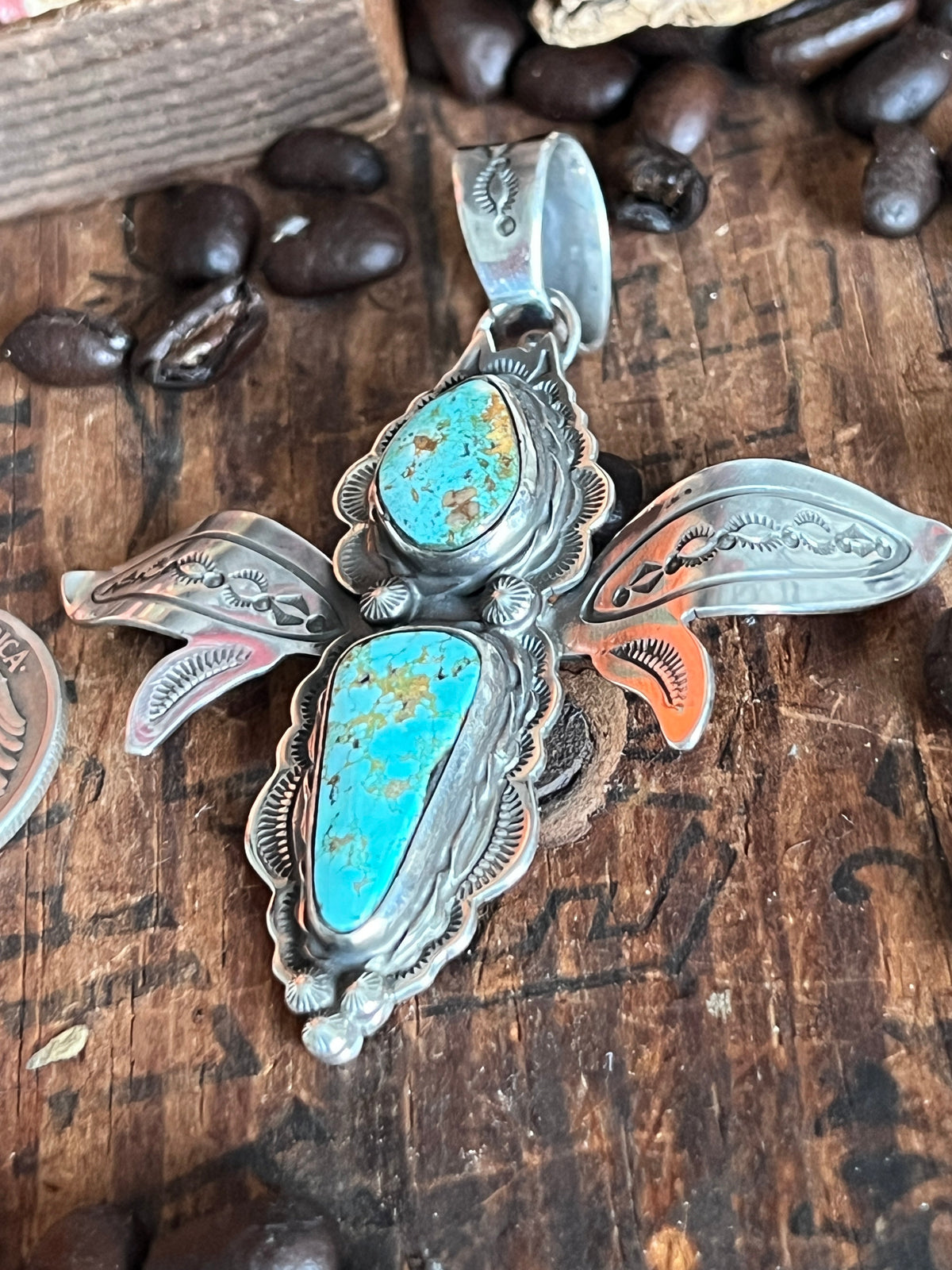 Sterling Silver and Turquoise Winged Bug Pendant by Kimari Somers