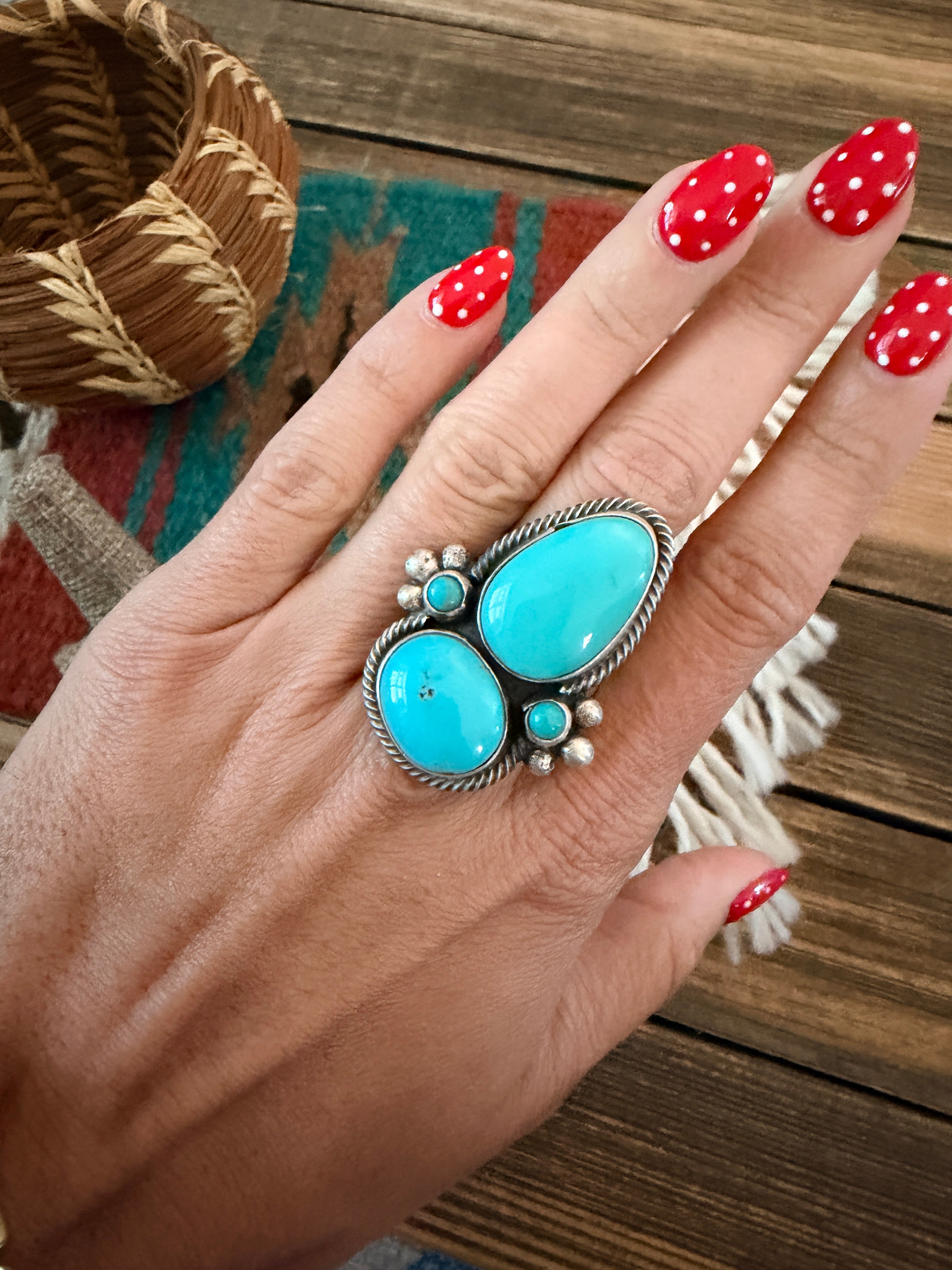 Handcrafted Kingman Turquoise & Sterling Silver Cluster Ring by Sheila Becenti