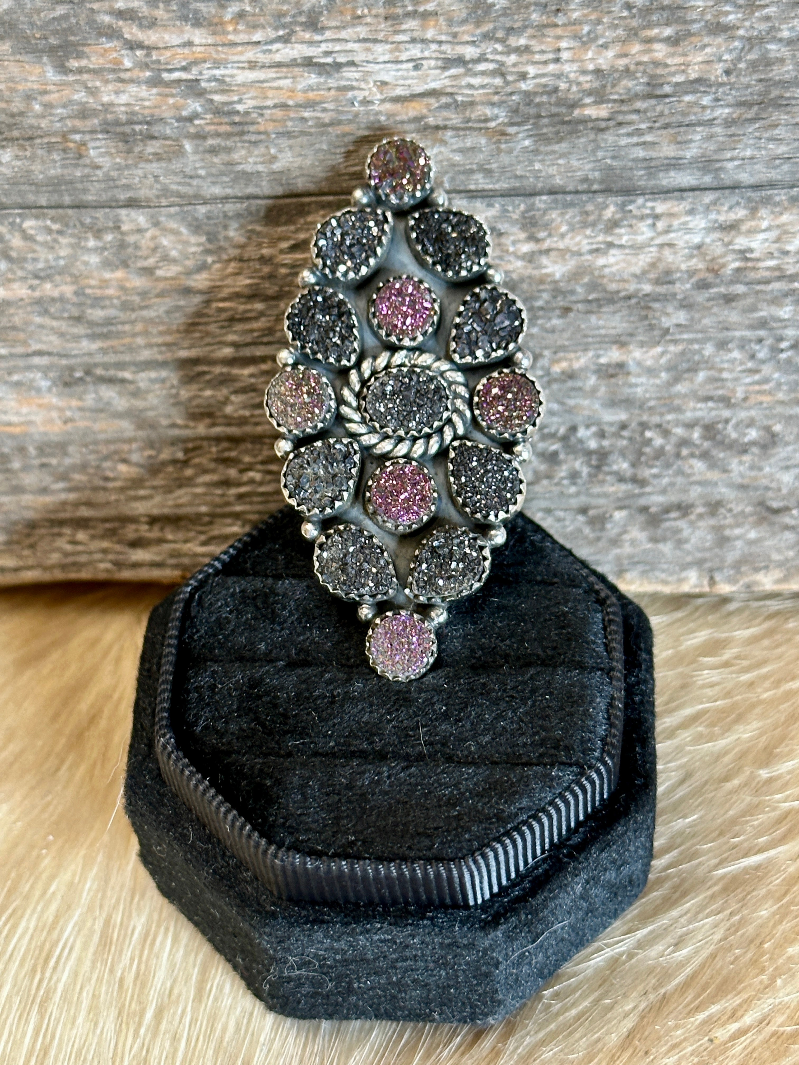 Handmade Purple, Pink & Grey Druzy Sterling Silver Adjustable Ring