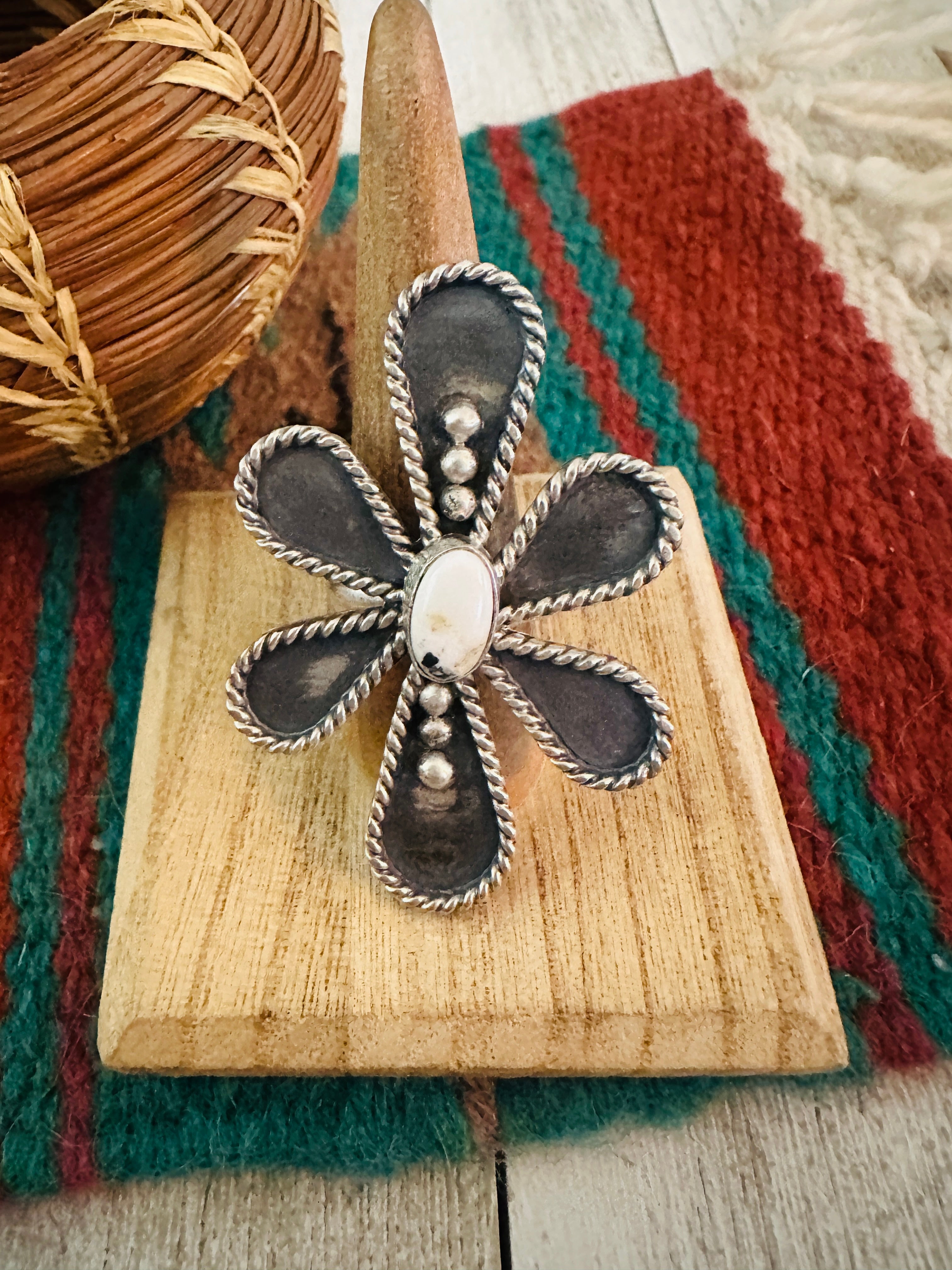 Navajo Sterling Silver And White Buffalo Adjustable Flower Ring