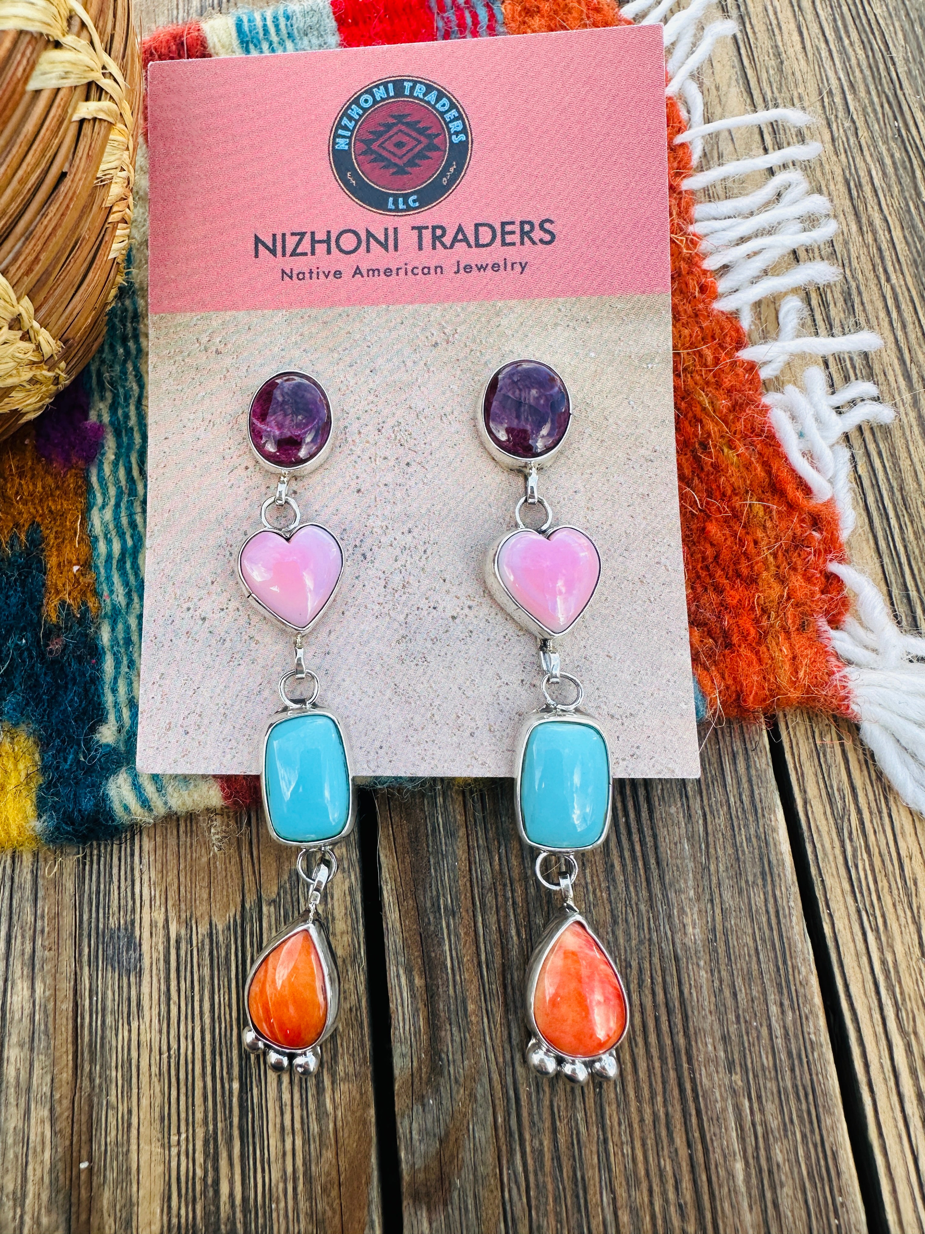 Handcrafted Multi Stone And Sterling Silver Heart Dangle Earrings by Juanita McDonald