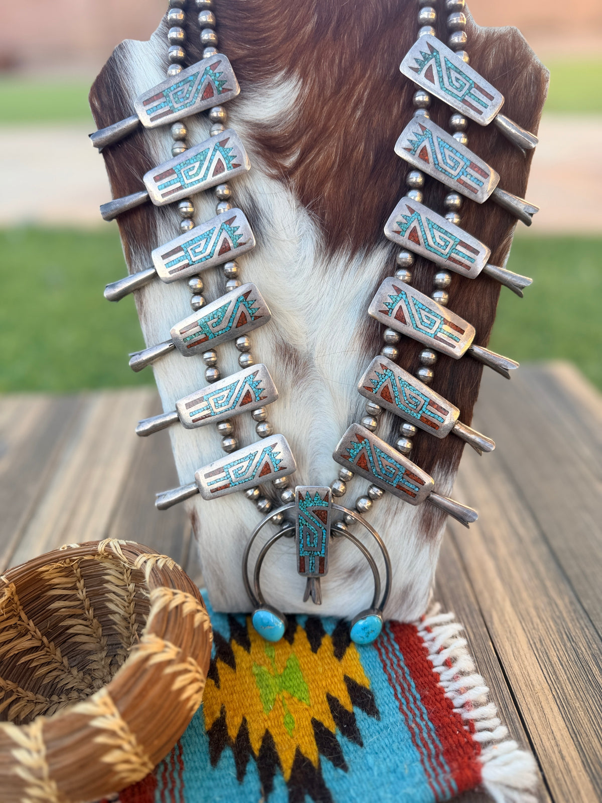 Old Pawn Handcrafted Turquoise, Coral & Sterling Silver Beaded Squash Blossom Necklace by Juan T. Singer