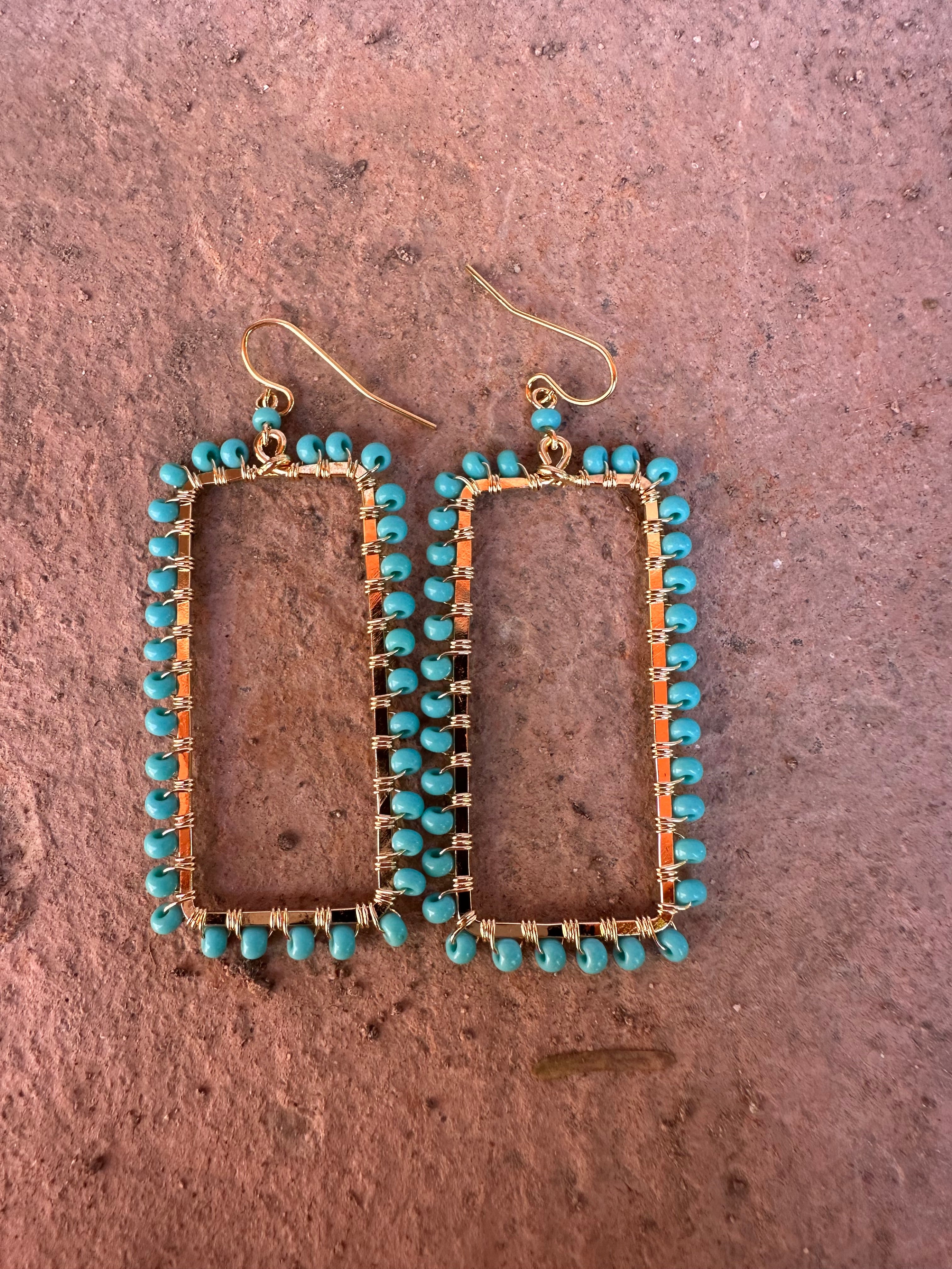 “The Golden Collection” Cool Summer Handmade Turquoise Beaded & 14k Gold Plated Earrings