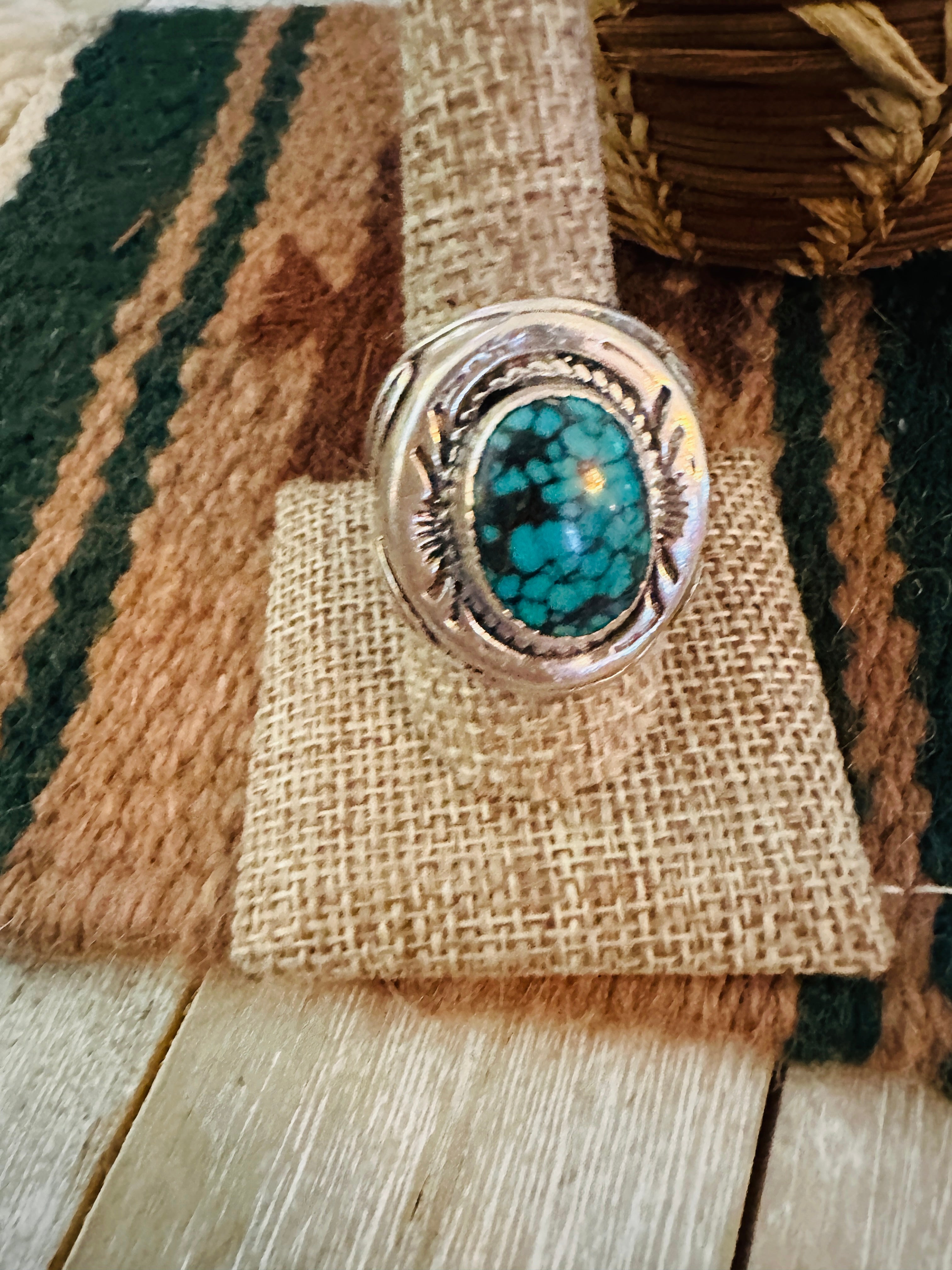 Old Pawn Handcrafted Turquoise & Sterling Silver Ring Size 9.5