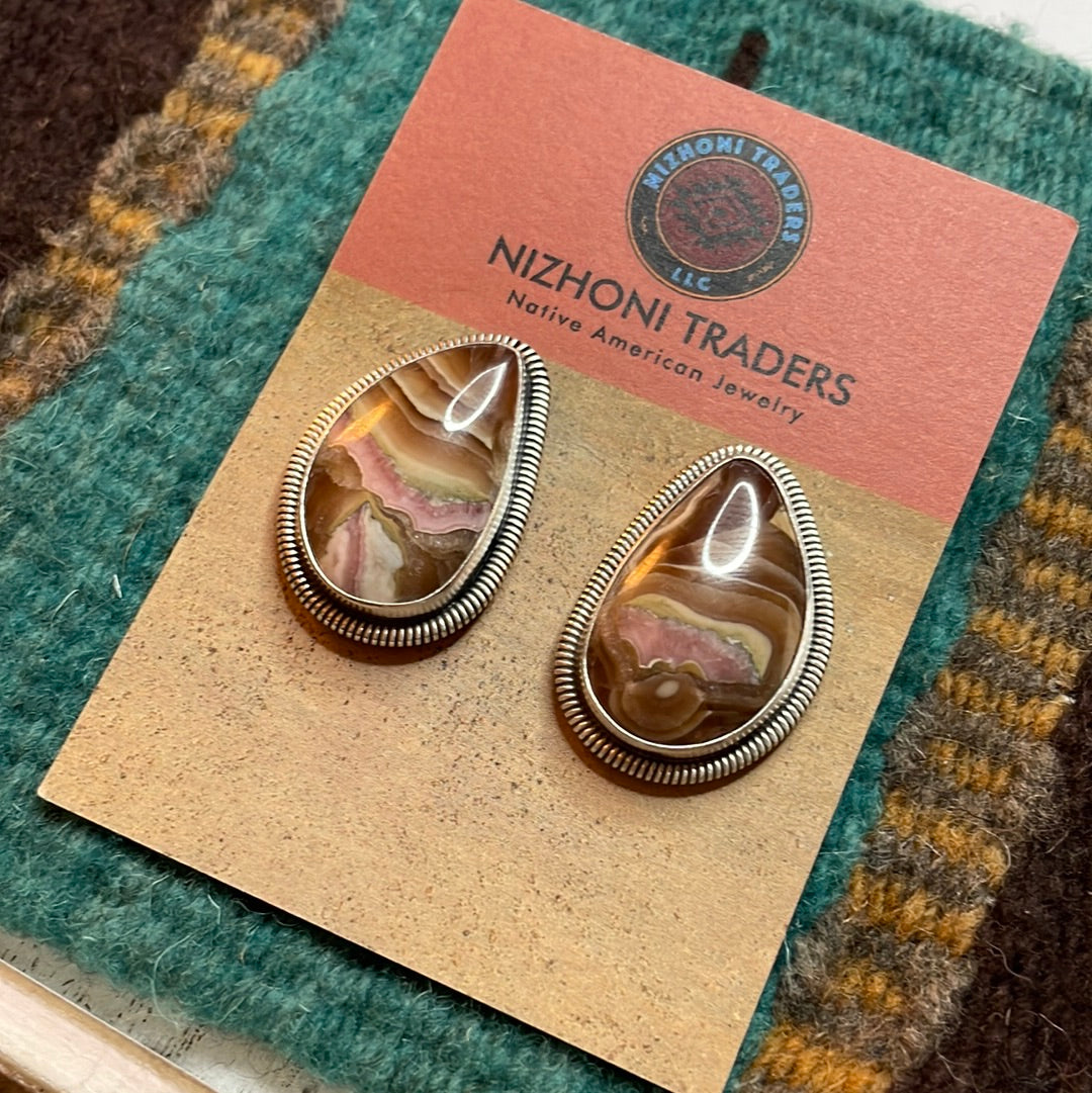 Navajo Sterling Silver & Rhodochrosite Stone Post Earrings