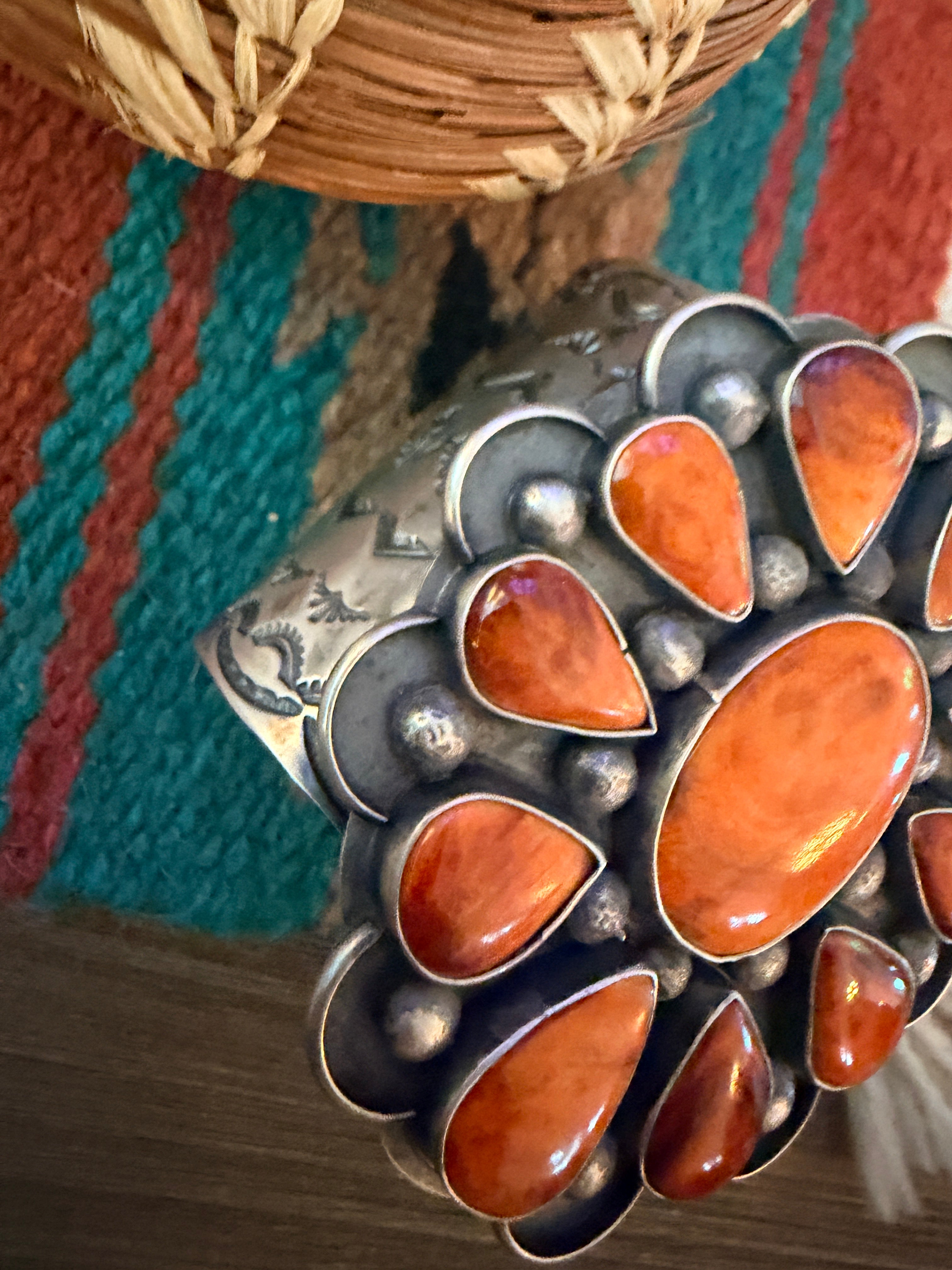Handcrafted Orange Spiny & Sterling Silver Flower Cuff Bracelet by Chimney Butte