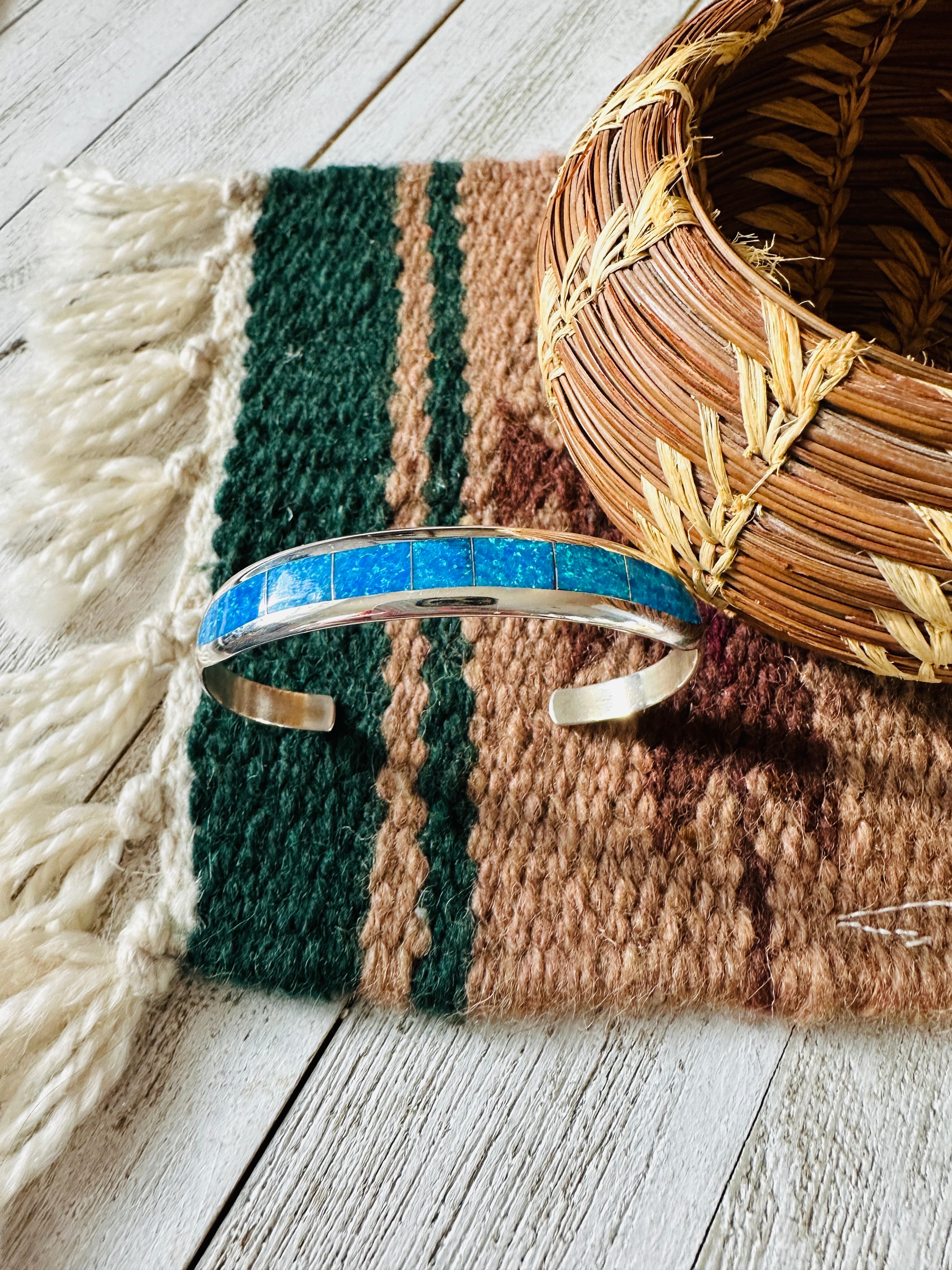 Navajo Sterling Silver & Blue Opal Inlay Cuff Bracelet