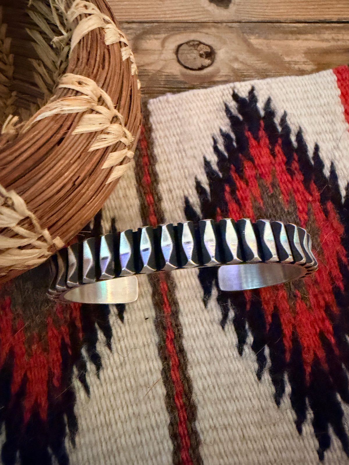Hand Stamped Sterling Silver Cuff Bracelet by Leander Tahe