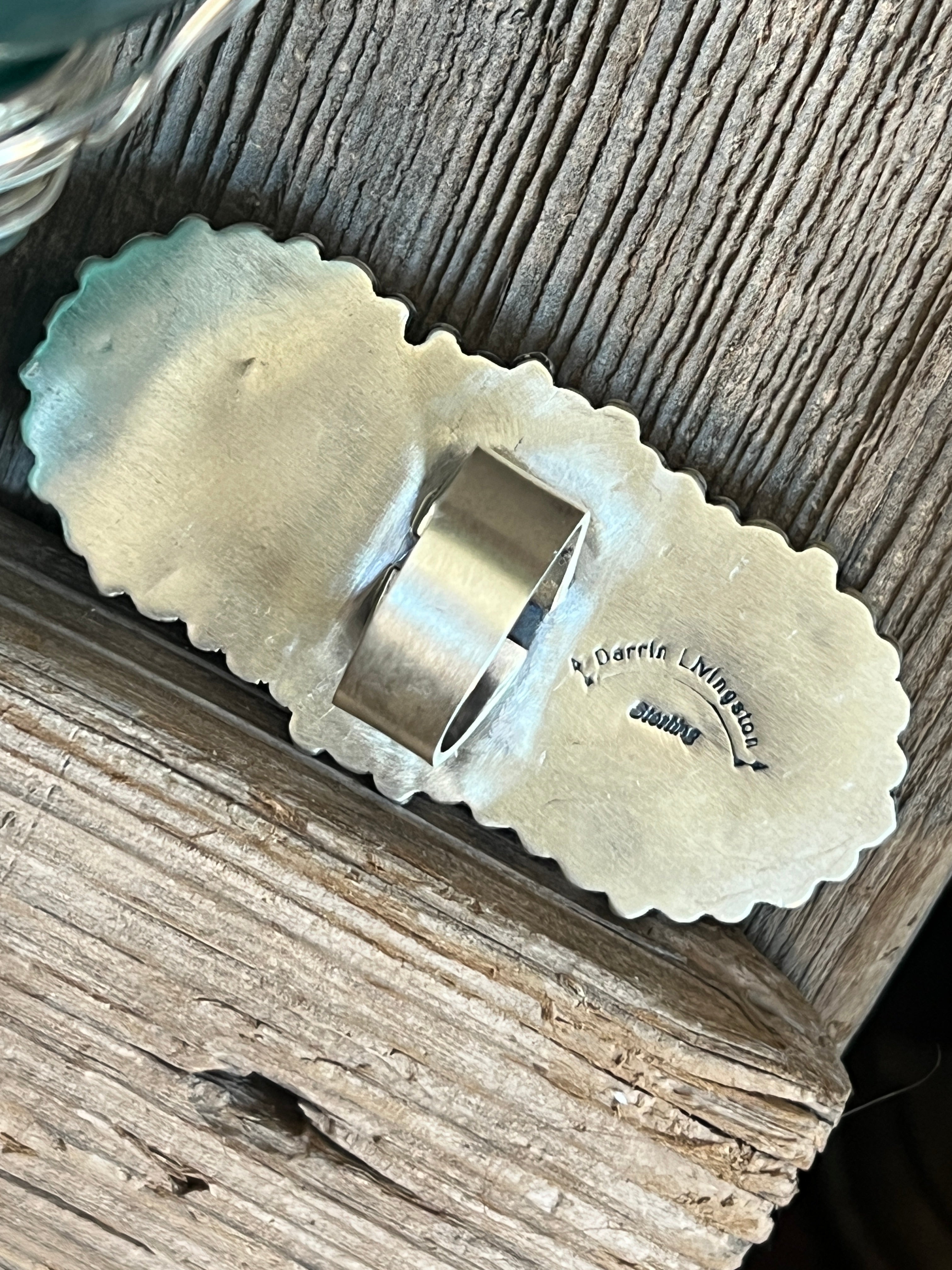 Handcrafted Sterling Silver, Coral and Number 8 Turquoise Ring by Darrin Livingston, Size 9