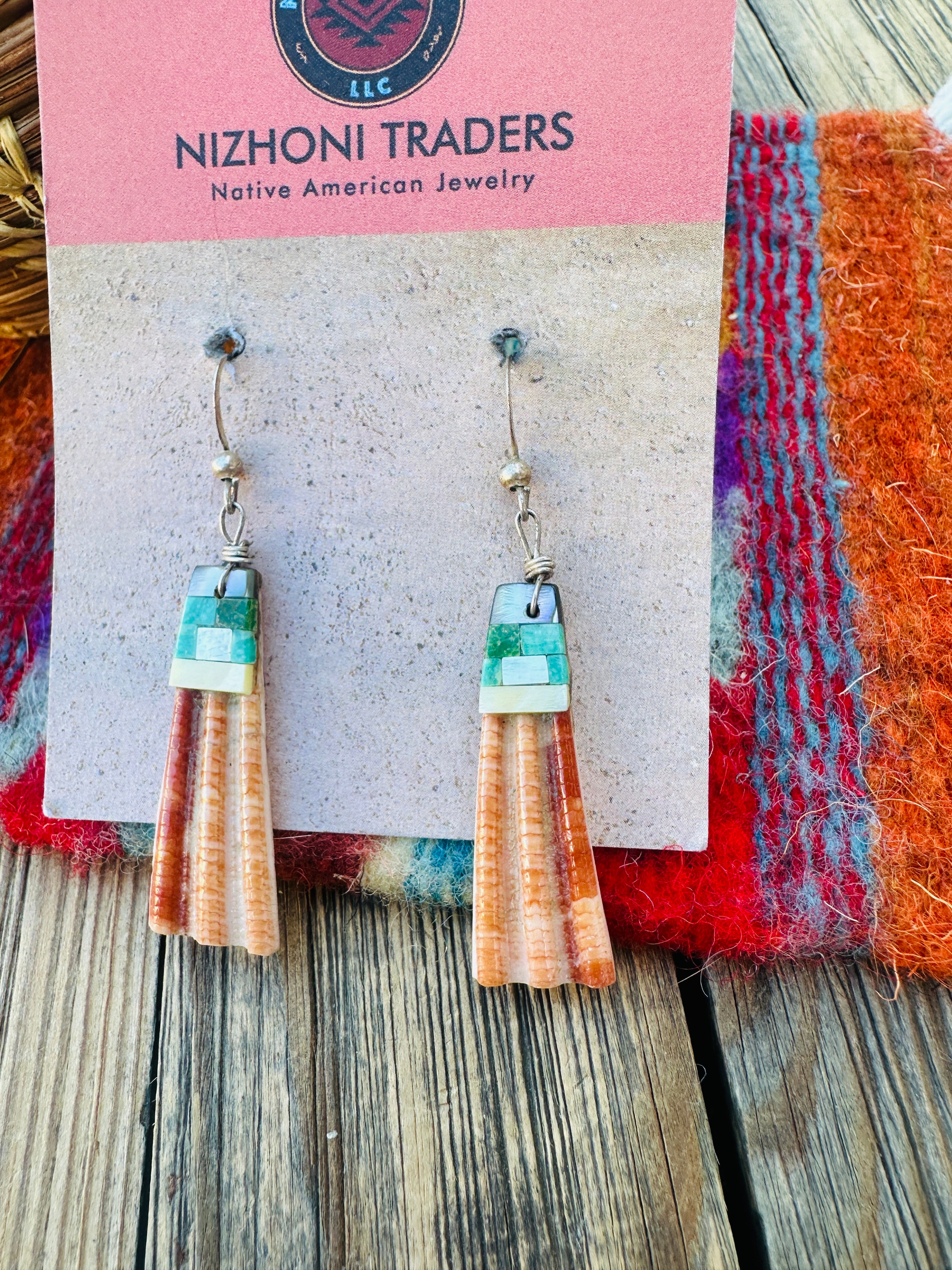 Old Pawn Handcrafted Orange Spiny & Multi Stone Inlay Dangle Earrings