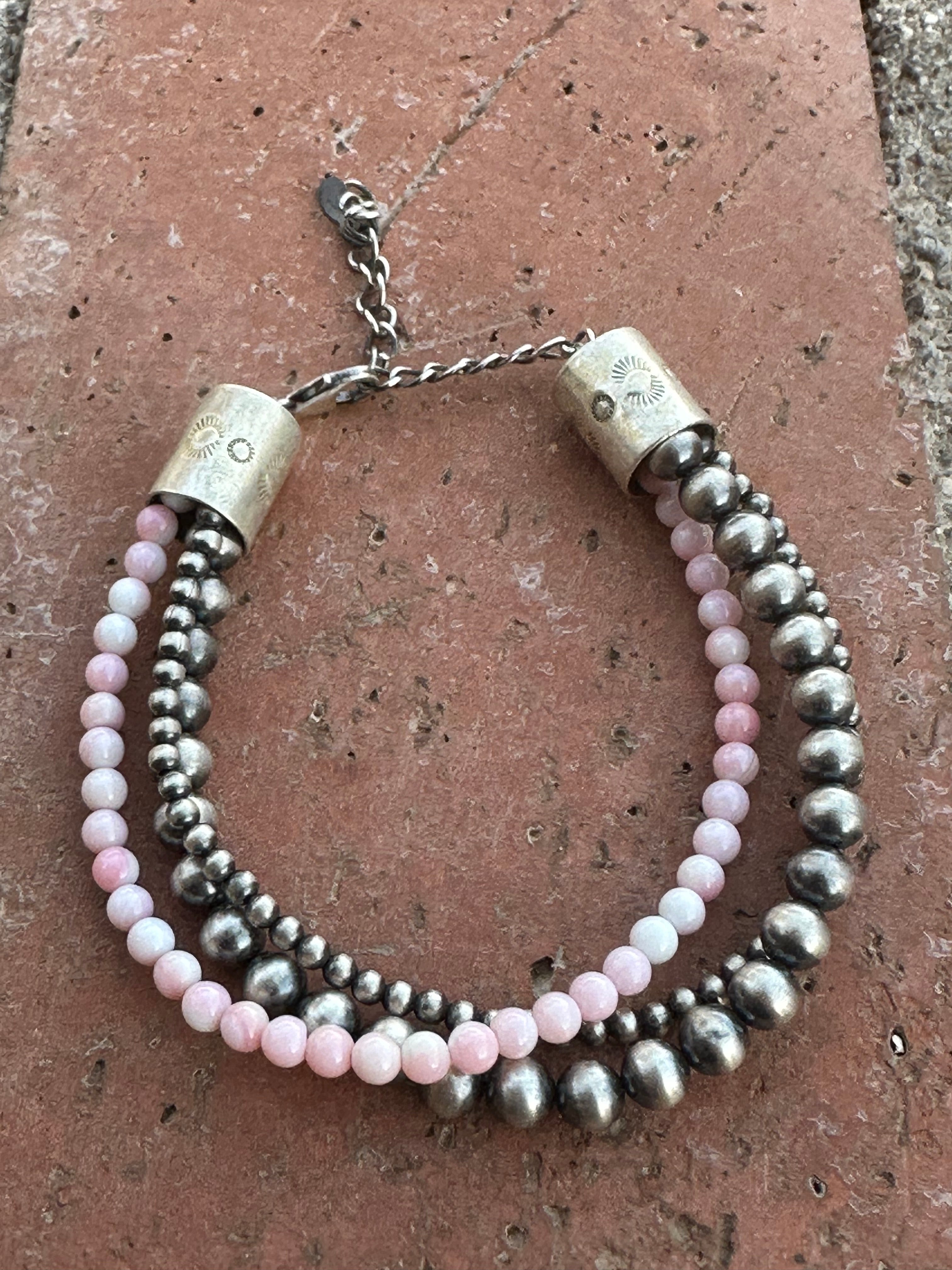 Handmade Sterling Silver and Pink Conch Beaded Bracelet