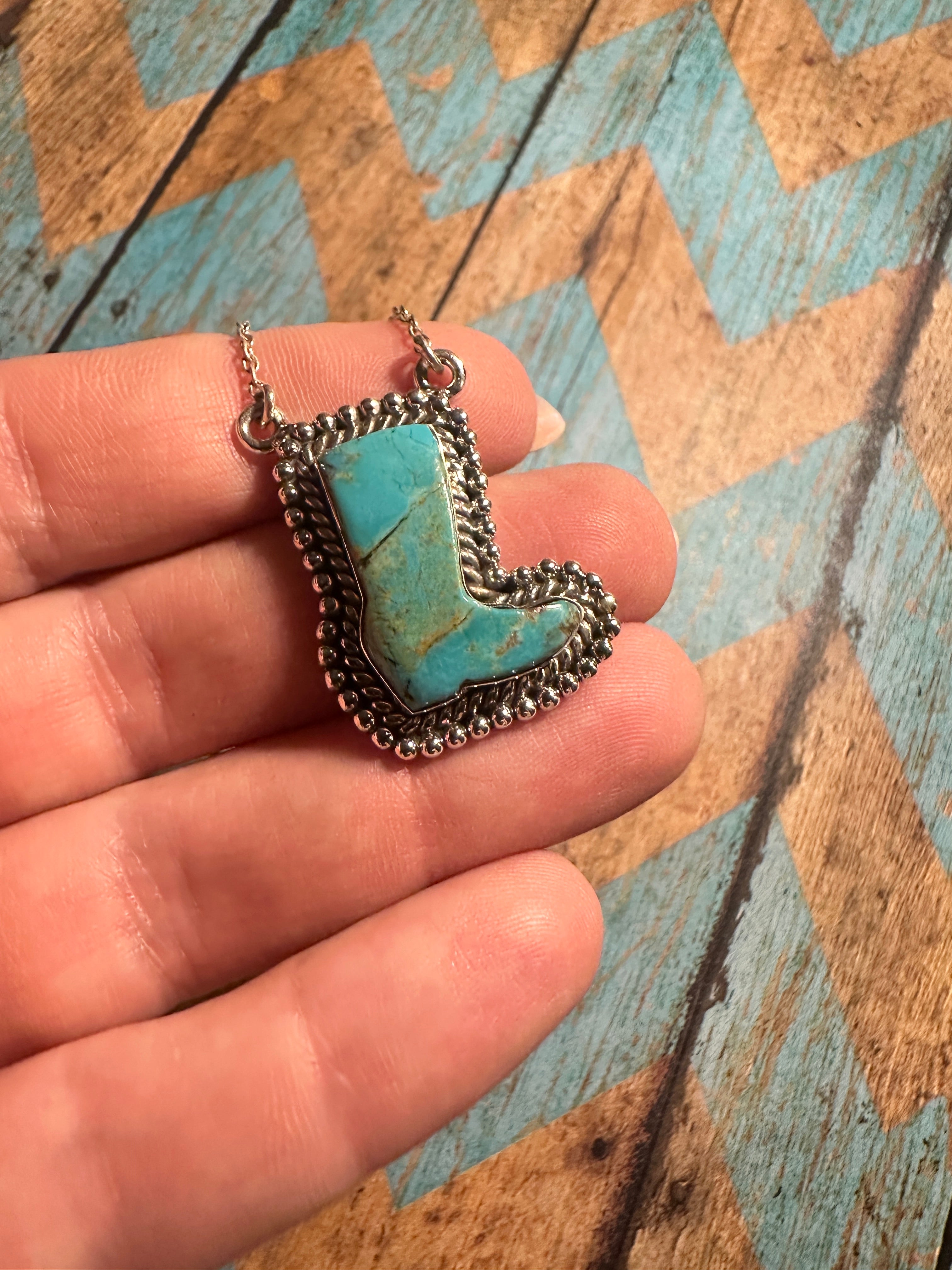 Beautiful Handmade Sterling Silver Turquoise Boot Necklace