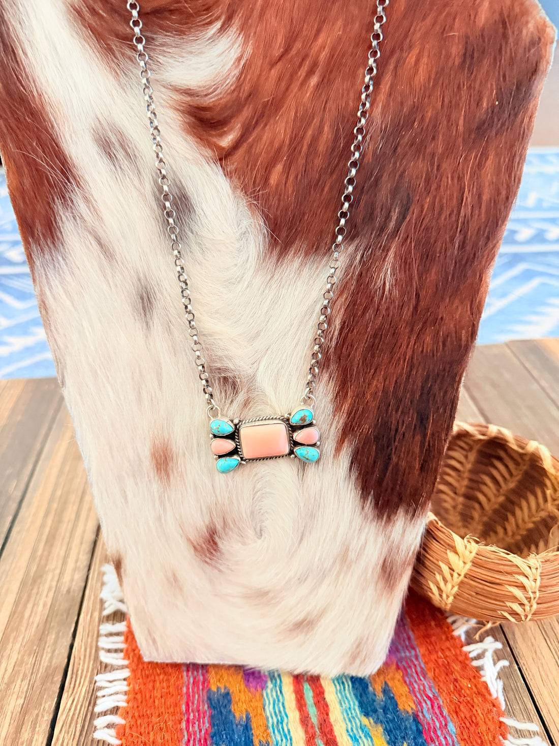 Handcrafted Queen Pink Conch, Turquoise & Sterling Silver Necklace