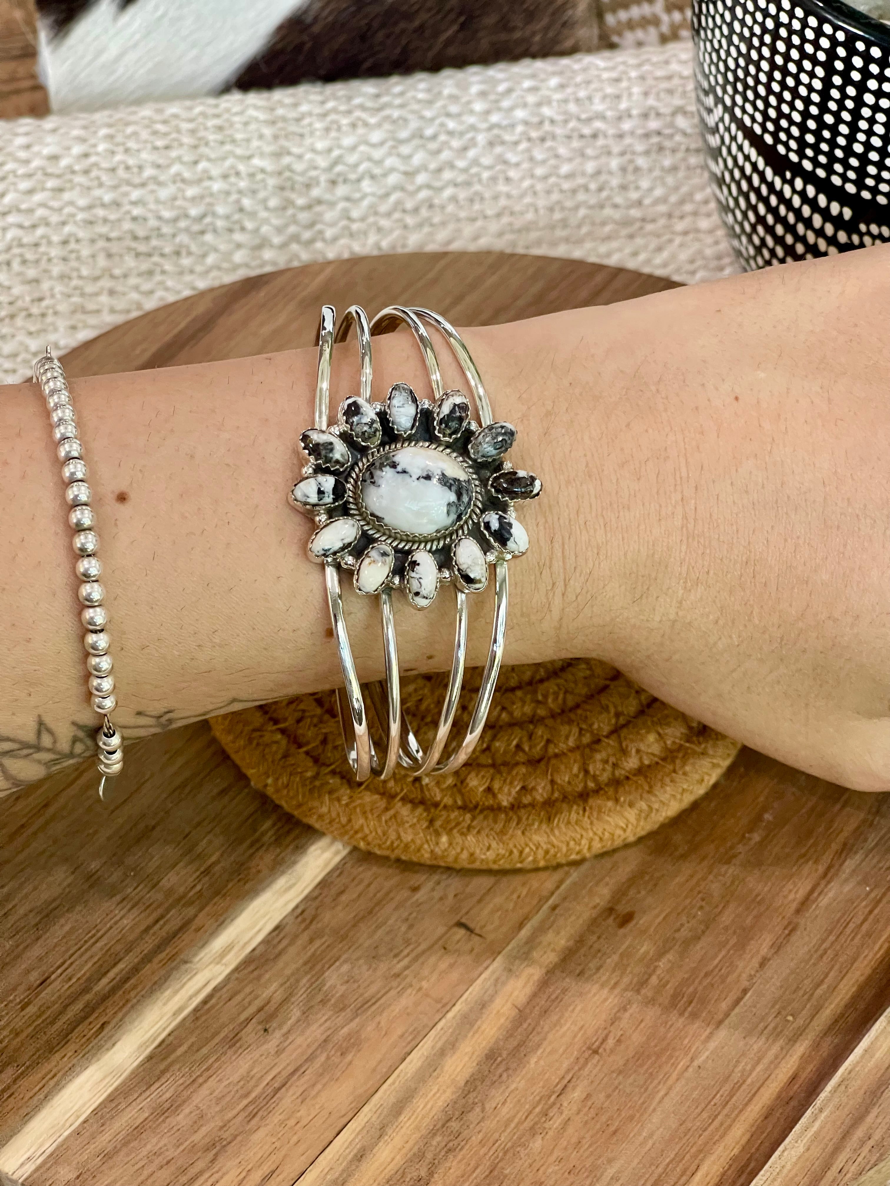 Beautiful Handmade Sterling Silver & White Buffalo Cluster Cuff Bracelet