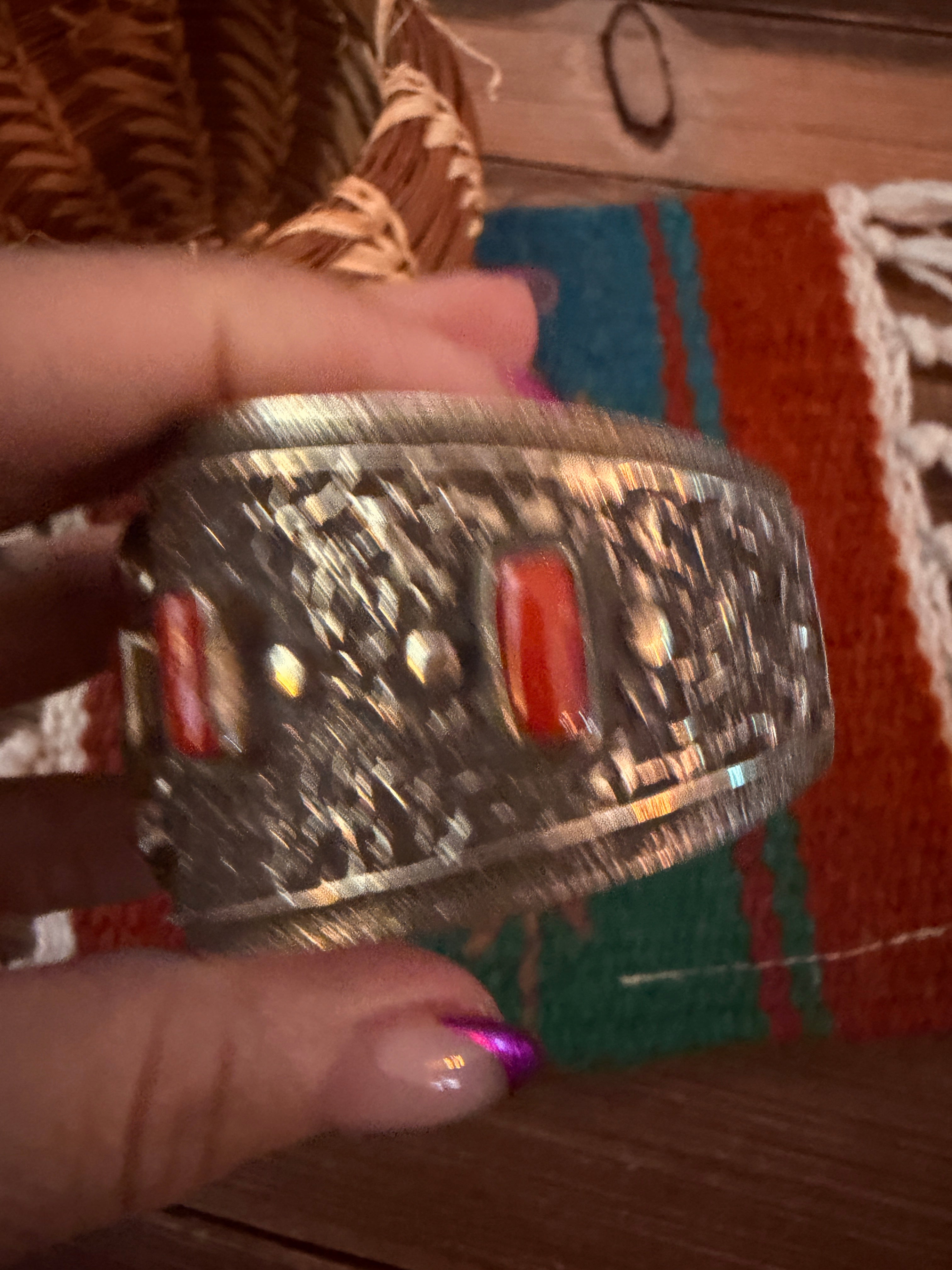 Handcrafted Turquoise, Coral & Sterling Silver Cuff Bracelet
