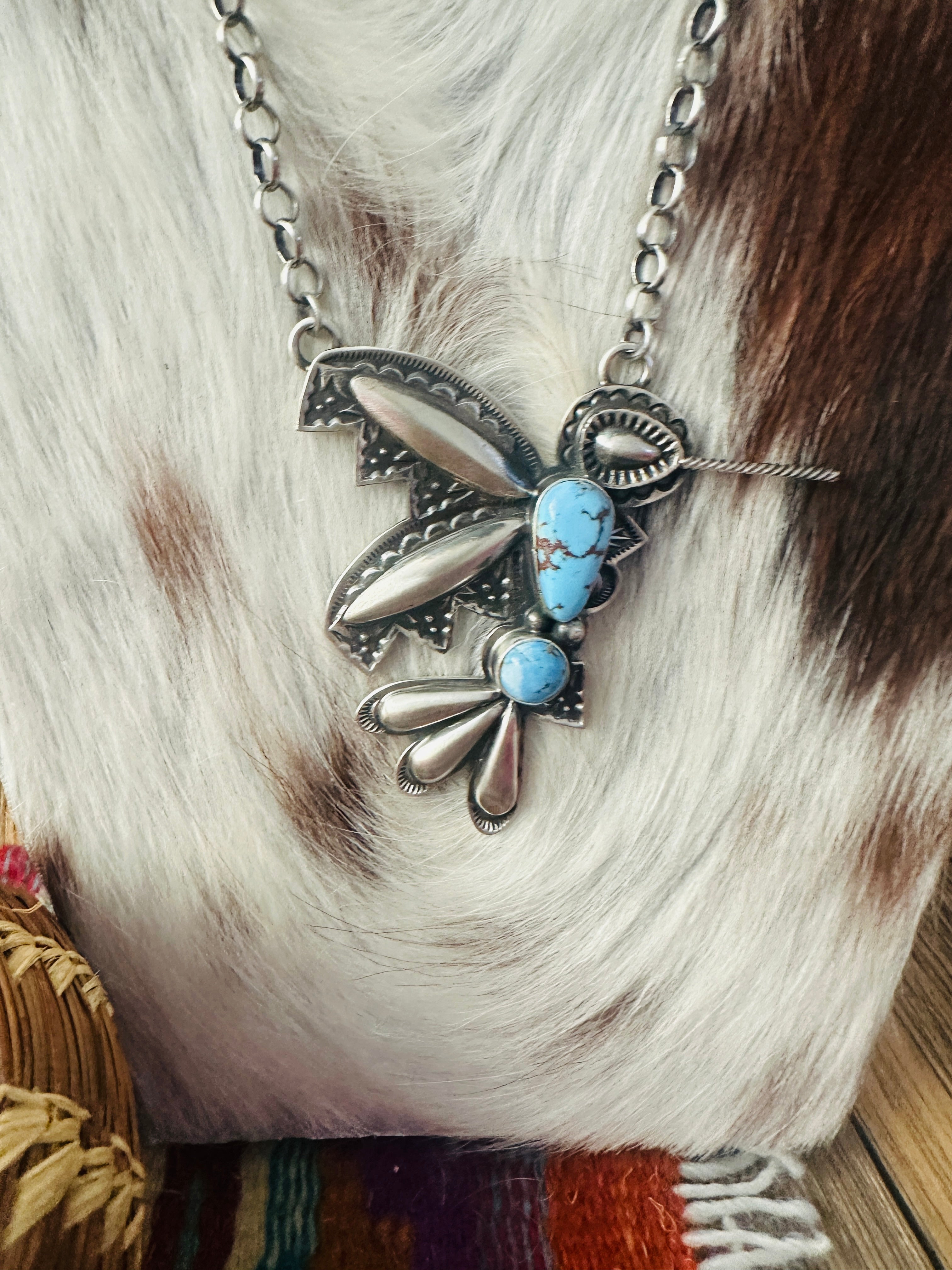 Handcrafted Golden Hills Turquoise & Sterling Silver Hummingbird Necklace by Charles Johnson