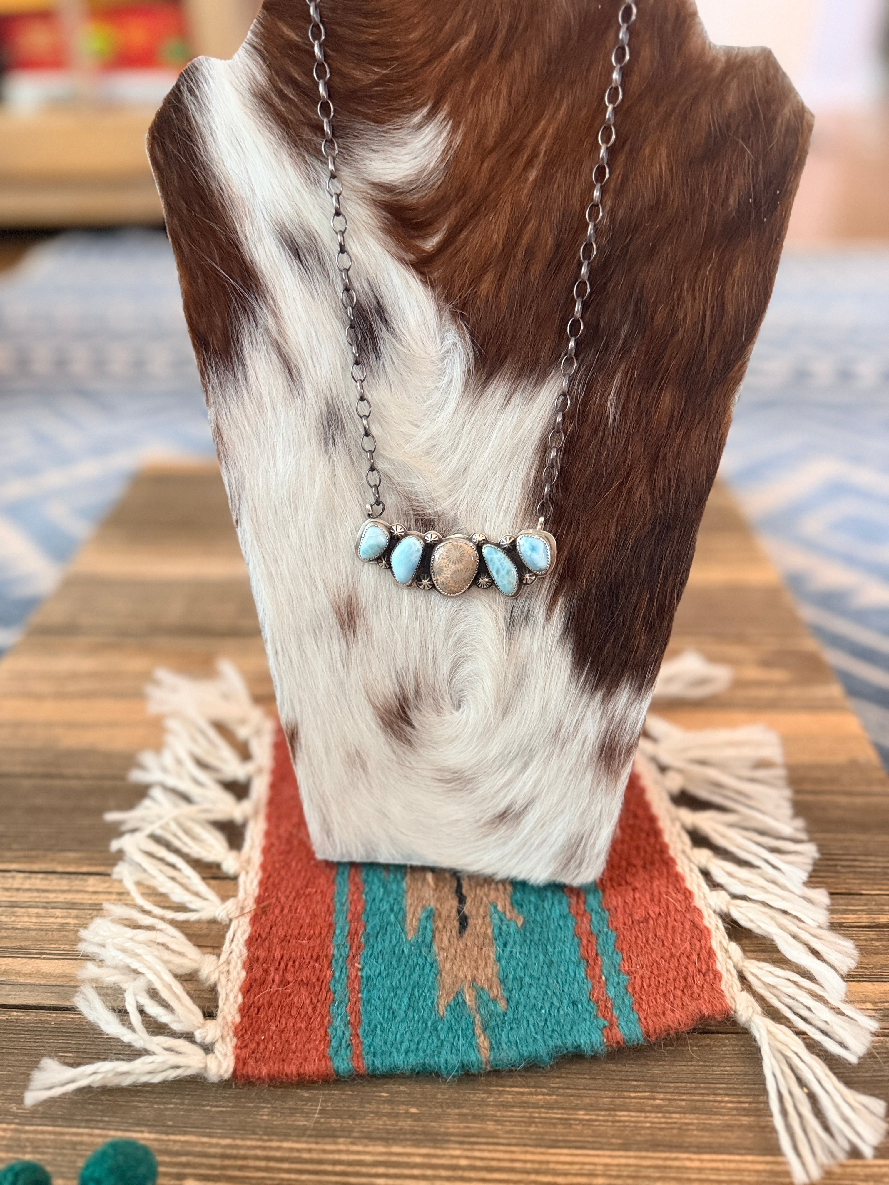 Handmade Sterling Silver, Larimar & Fossilized Coral Necklace Necklace