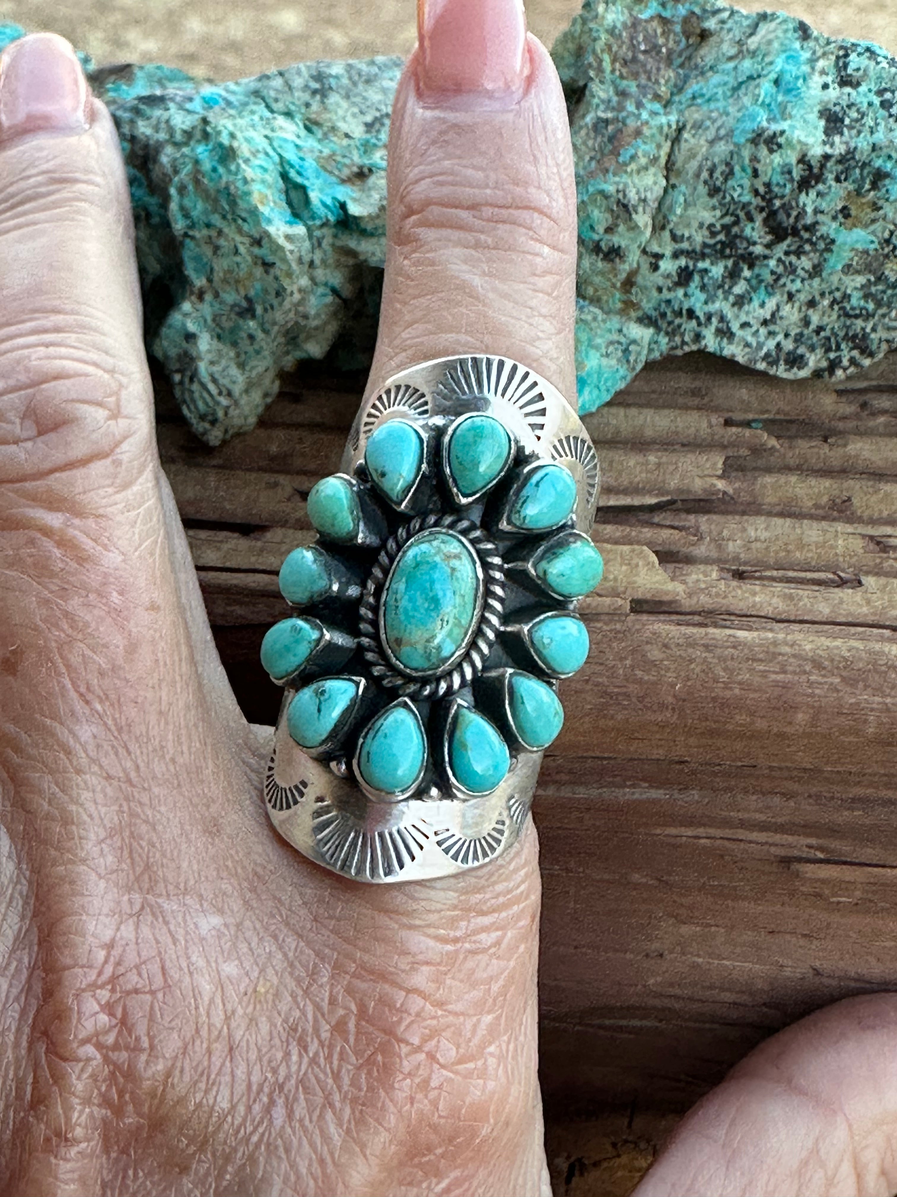 Handmade Emerald Valley Turquoise Cluster & Sterling Silver Cigar Band adjustable Ring