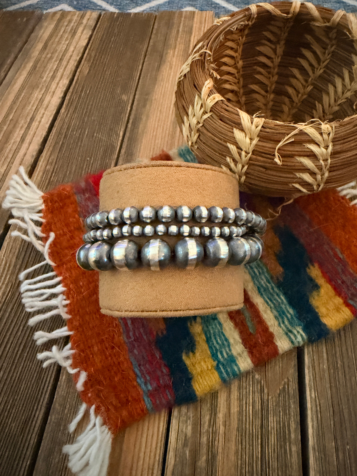 Handcrafted Sterling Silver Pearl Triple Strand Beaded Bracelet 8"