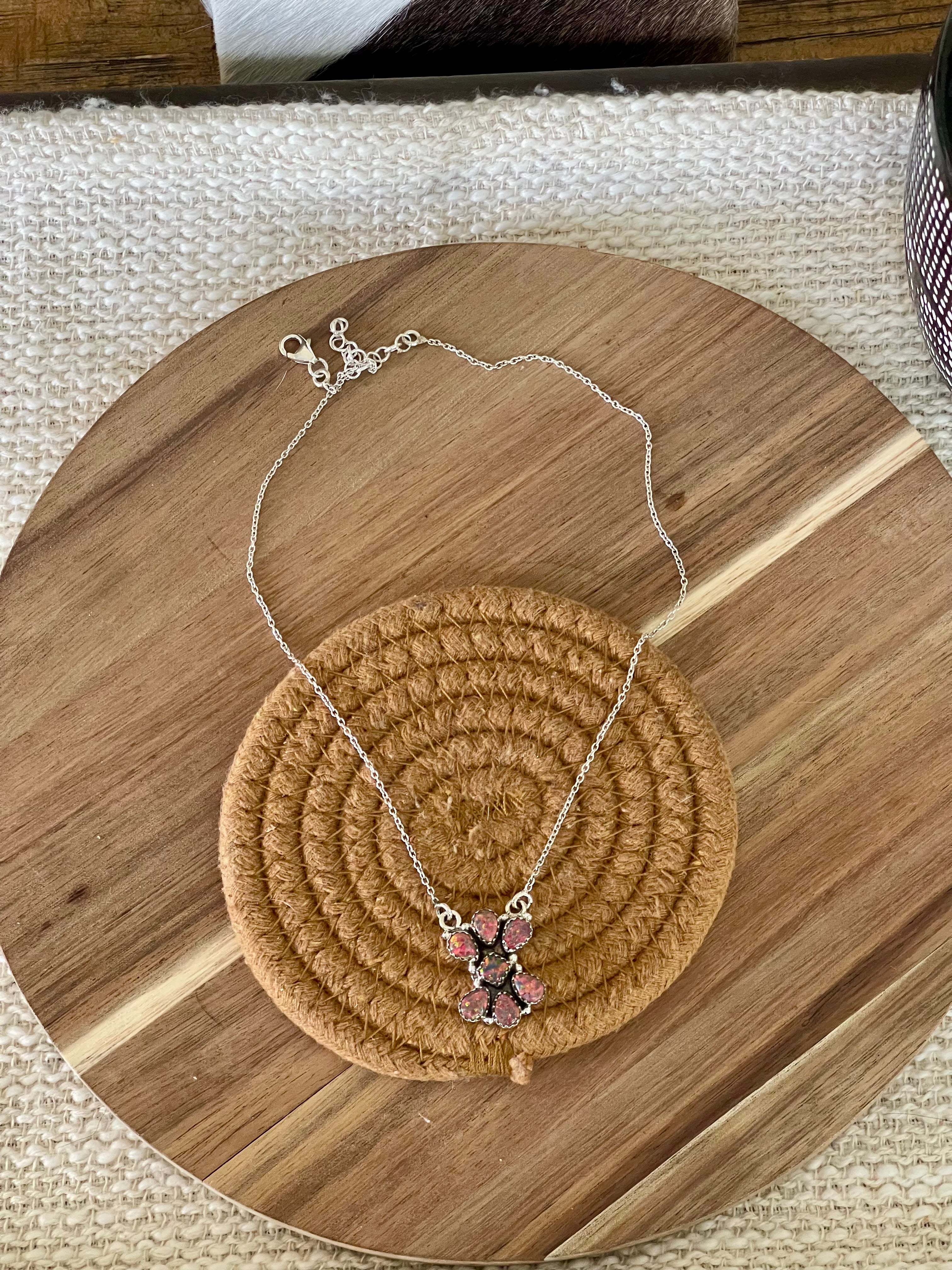 Handcrafted Sterling Silver & Red Fire Opal Cluster Necklace