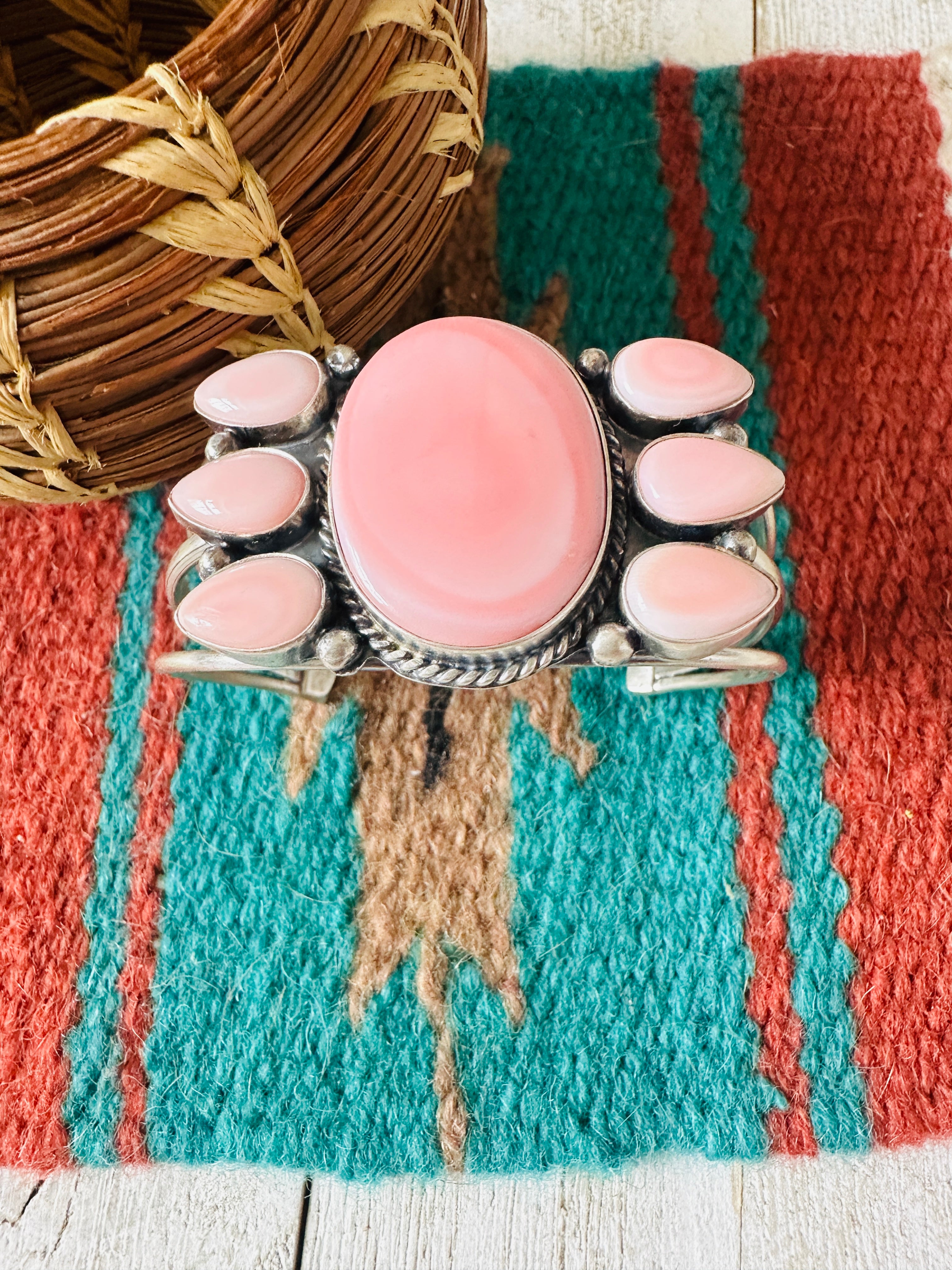 Navajo Queen Pink Conch Shell & Sterling Silver Cluster Cuff Bracelet