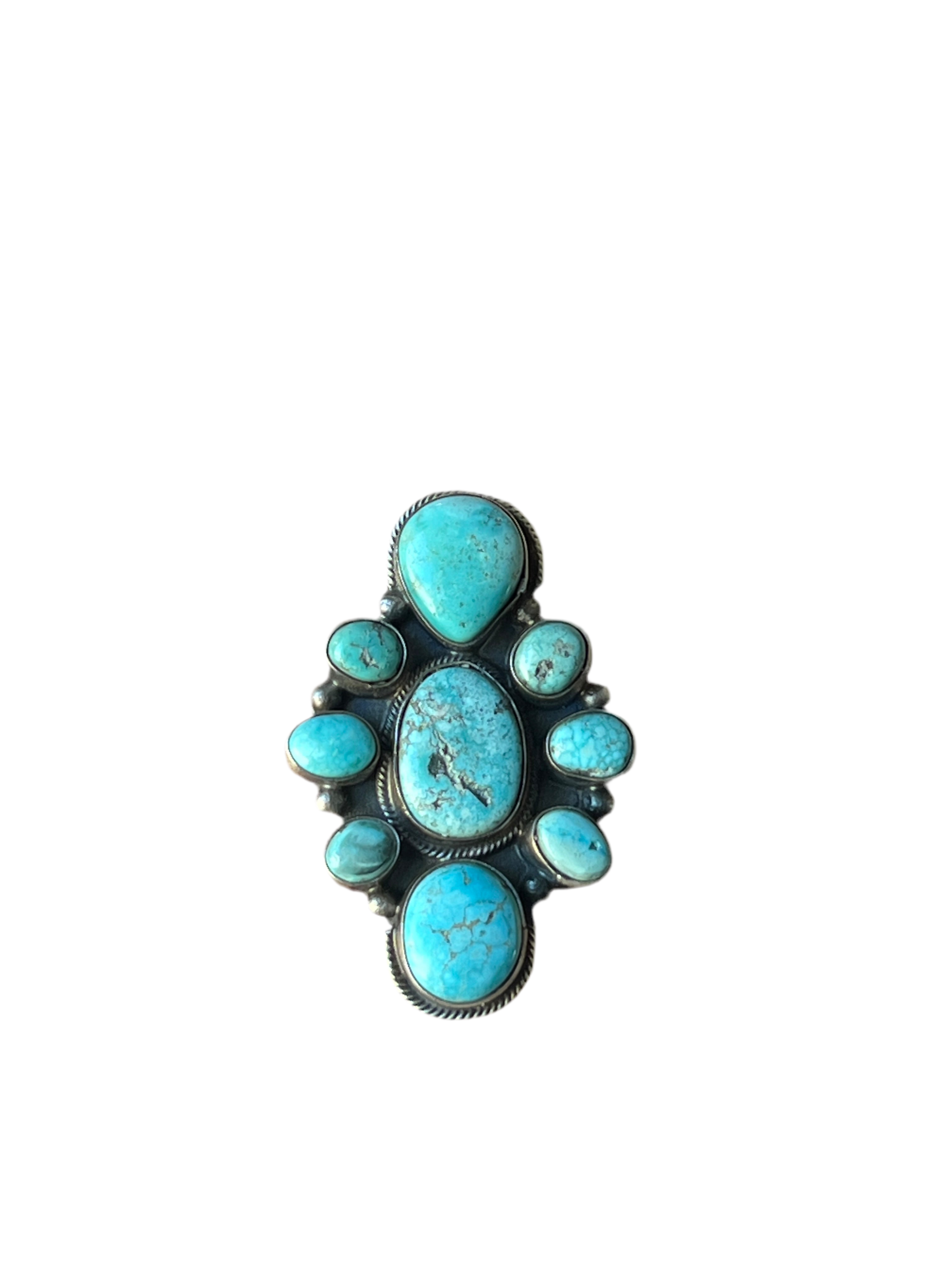 Handcrafted Sterling Silver and Natural Campitos Turquoise Cluster Ring by Sheila Becenti, Size 8.75