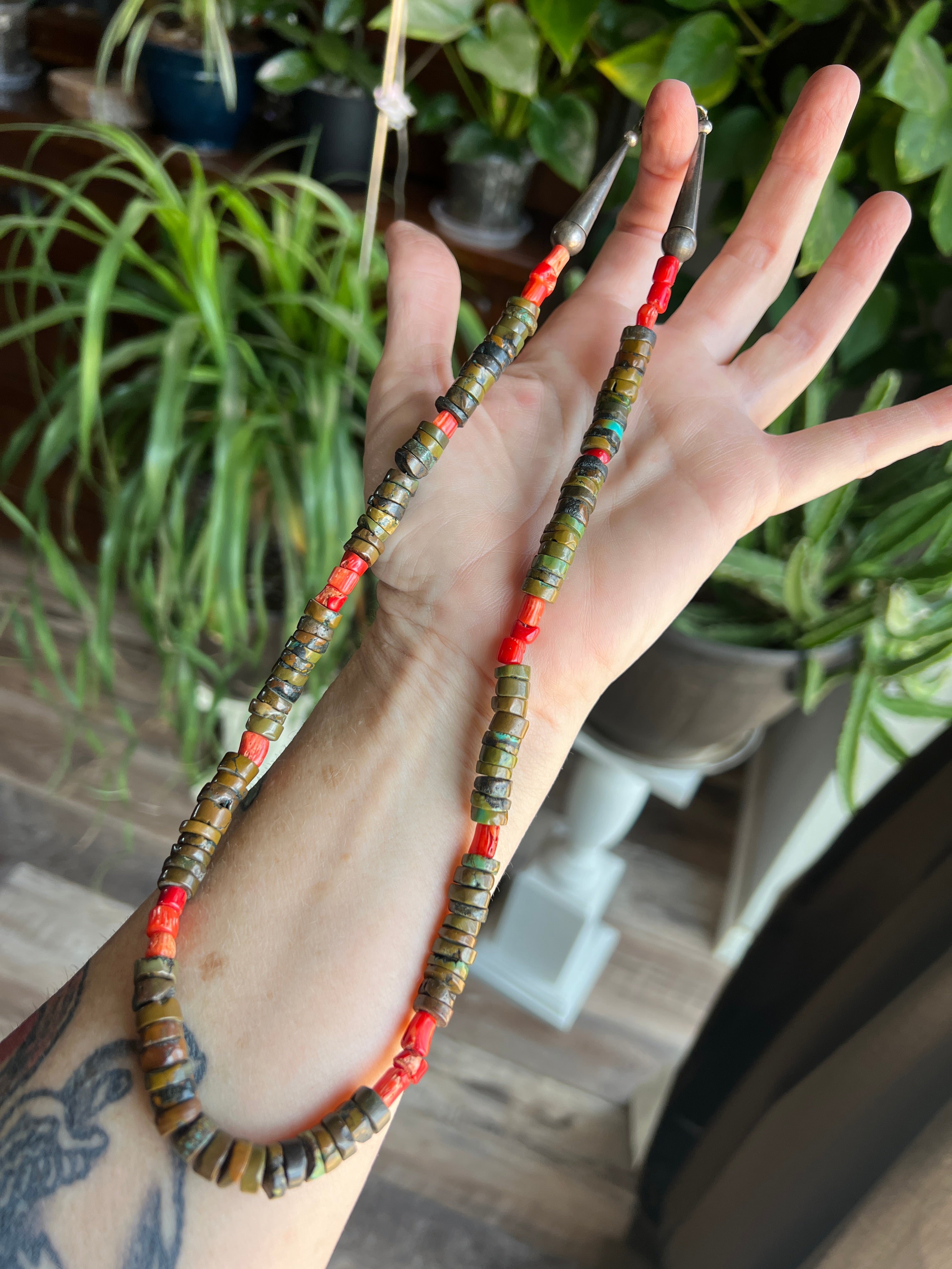 Handcrafted Hubei Turquoise Beaded Necklace with Sterling Silver and Bamboo Coral by Kirby Smith: 13 To Choose From!