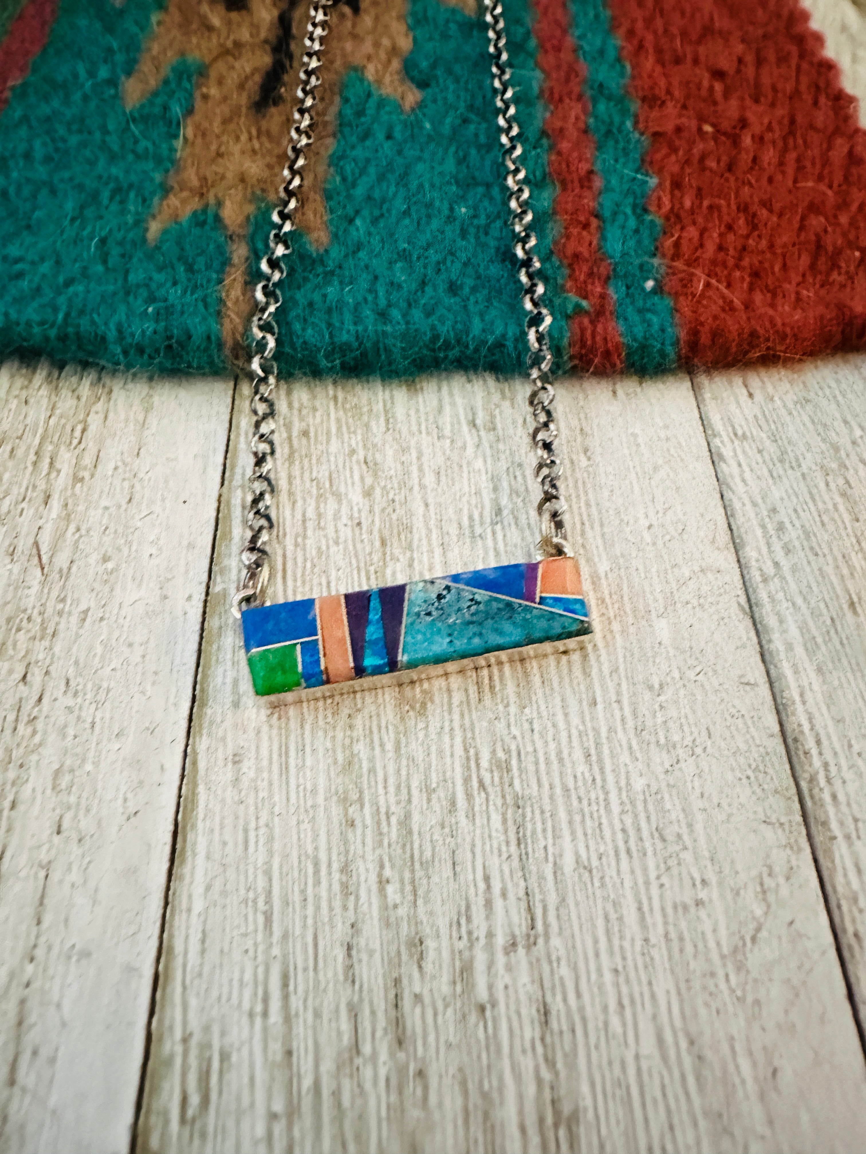 Navajo Multi Stone & Sterling Silver Inlay Bar Necklace