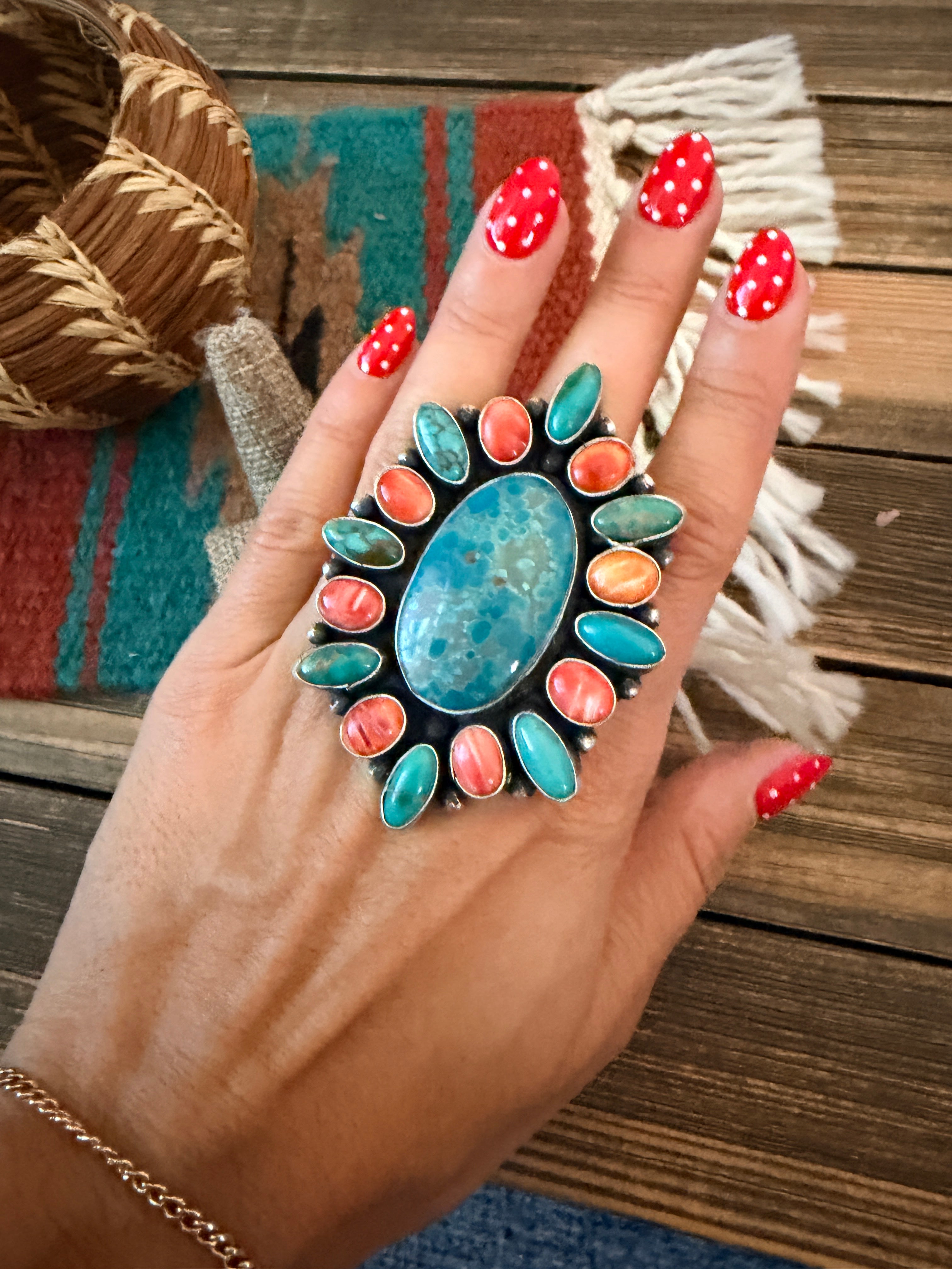 Handcrafted Spiny Oyster, Turquoise & Sterling Silver Cluster Ring by Sheila Becenti Size 11