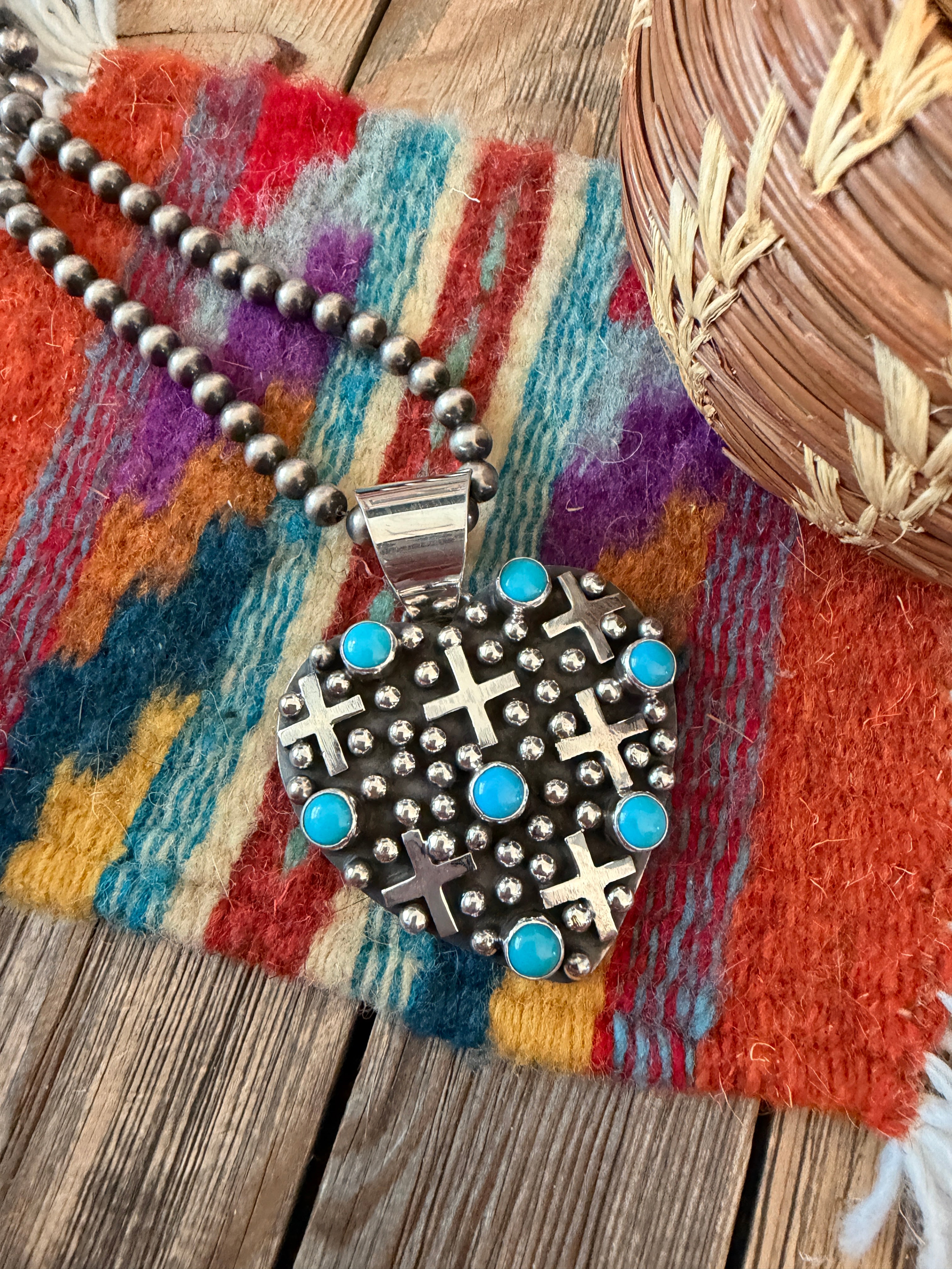 Handcrafted Turquoise & Sterling Silver Heart Cross Pendant by Geneva Apachito