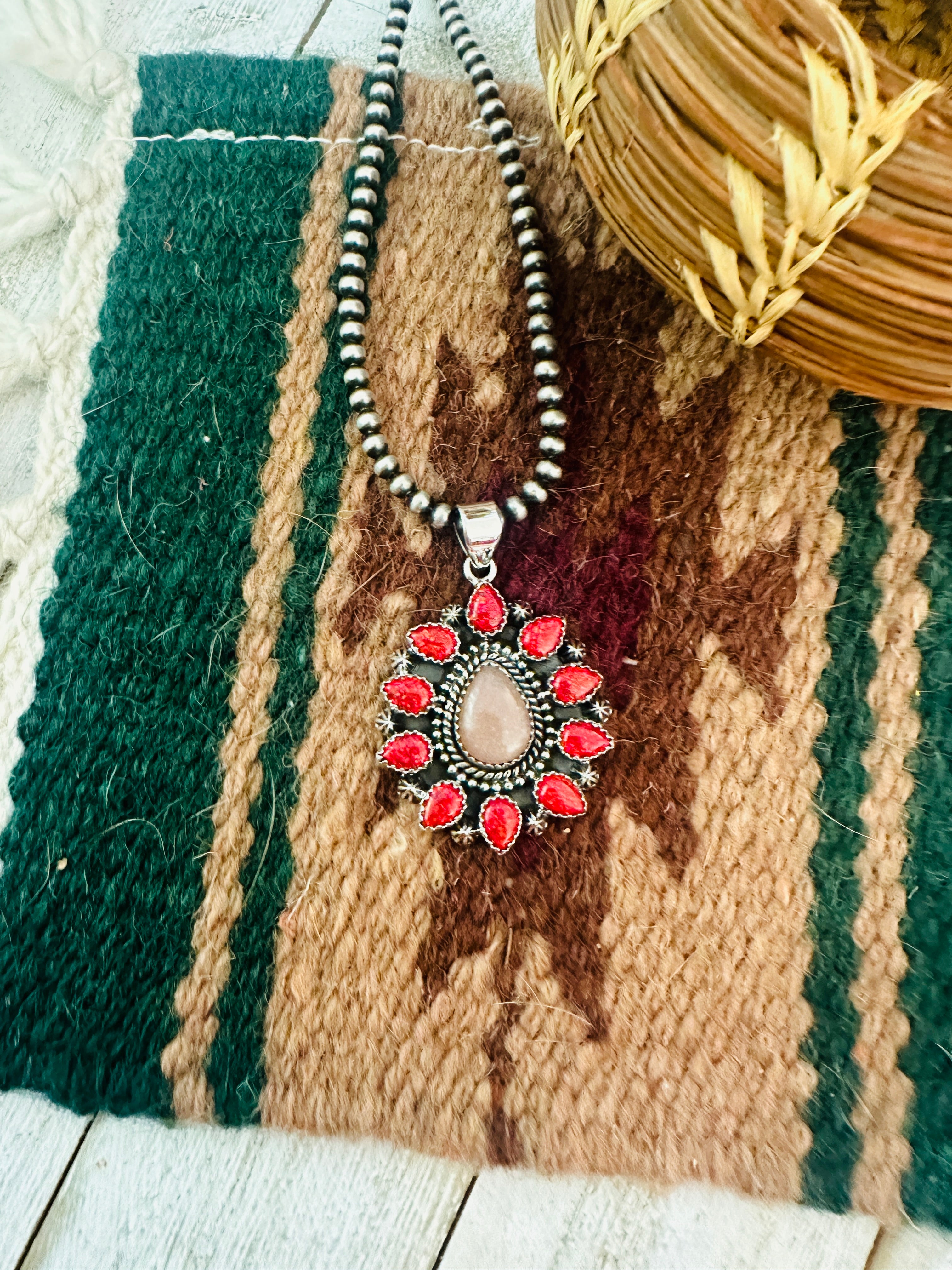 Handmade Red Opal, Rose Quartz & Sterling Silver Pendant