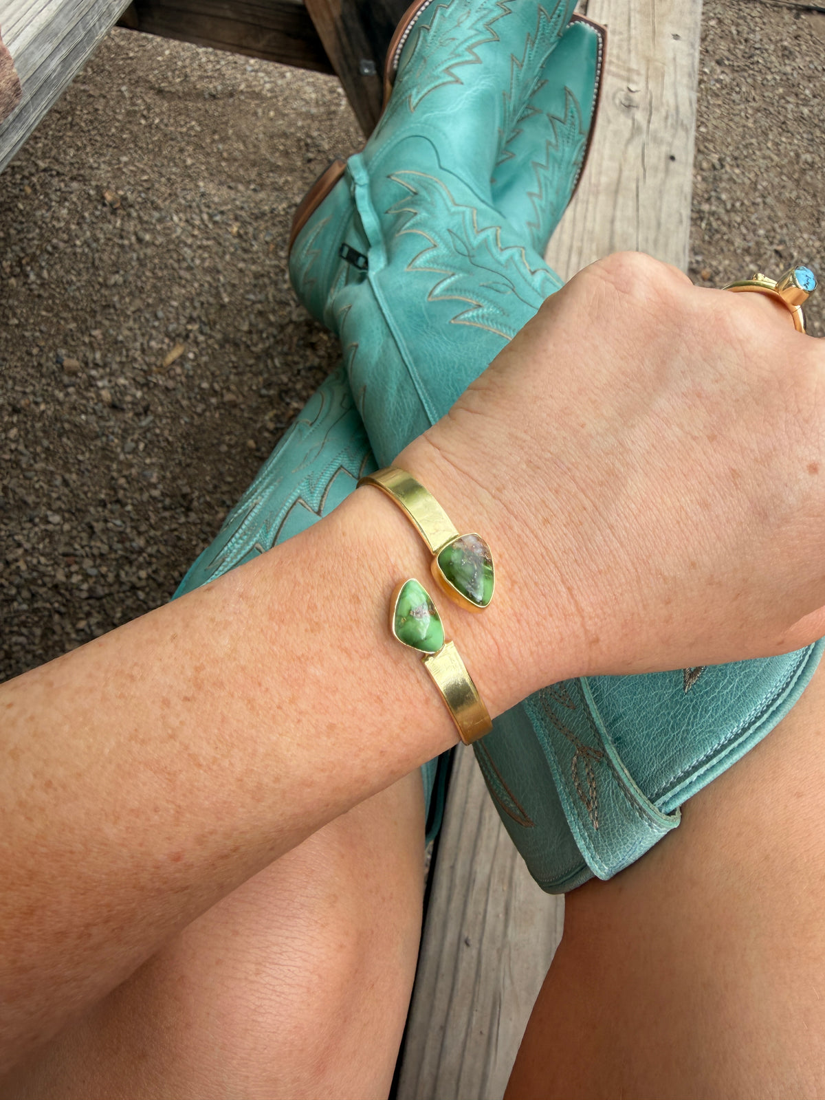 “The Golden Collection” Painted Desert Handmade Natural Sonoran Mountain Turquoise Gold Plated Adjustable Bracelet Cuff STYLE 1