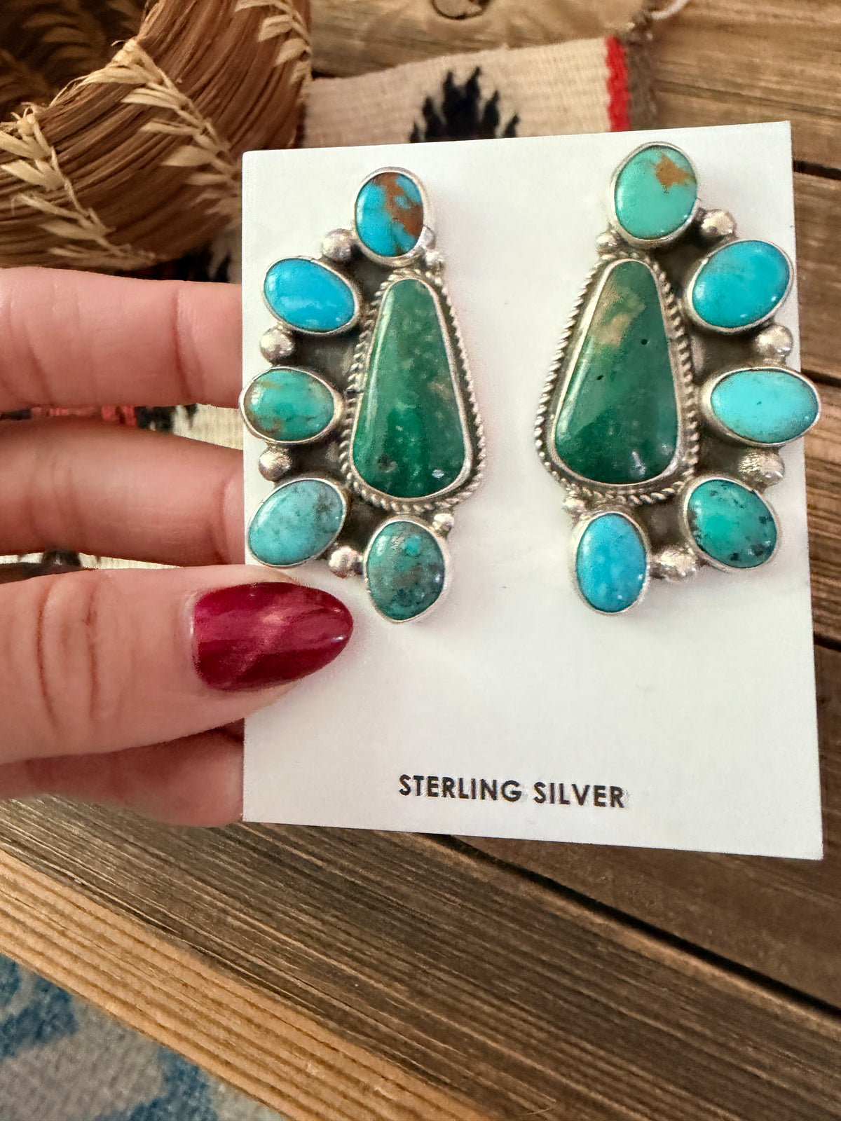 Handcrafted Turquoise & Sterling Silver Cluster Post Earrings by Geraldine James