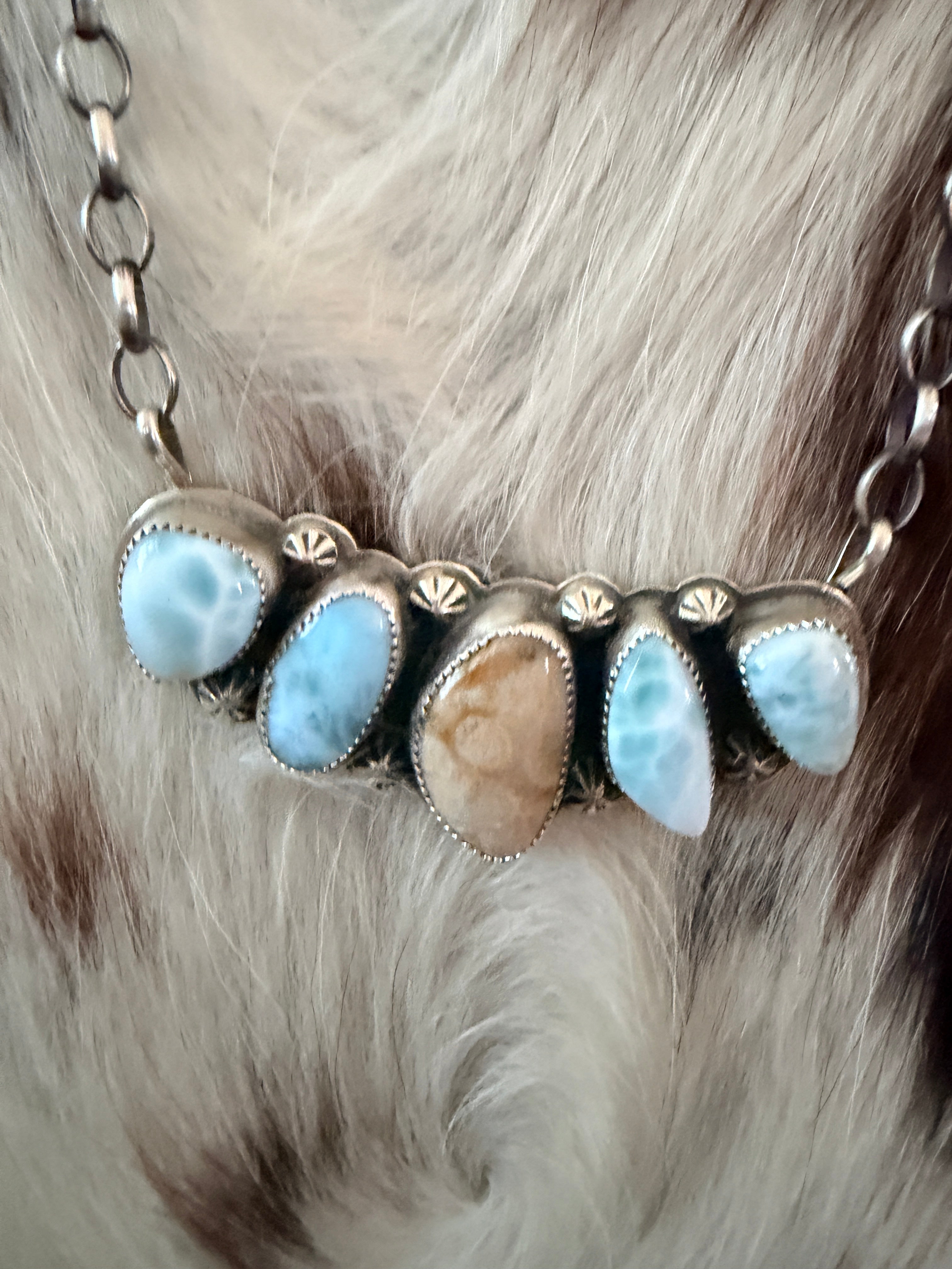 Handmade Sterling Silver, Larimar & Fossilized Coral Necklace Necklace