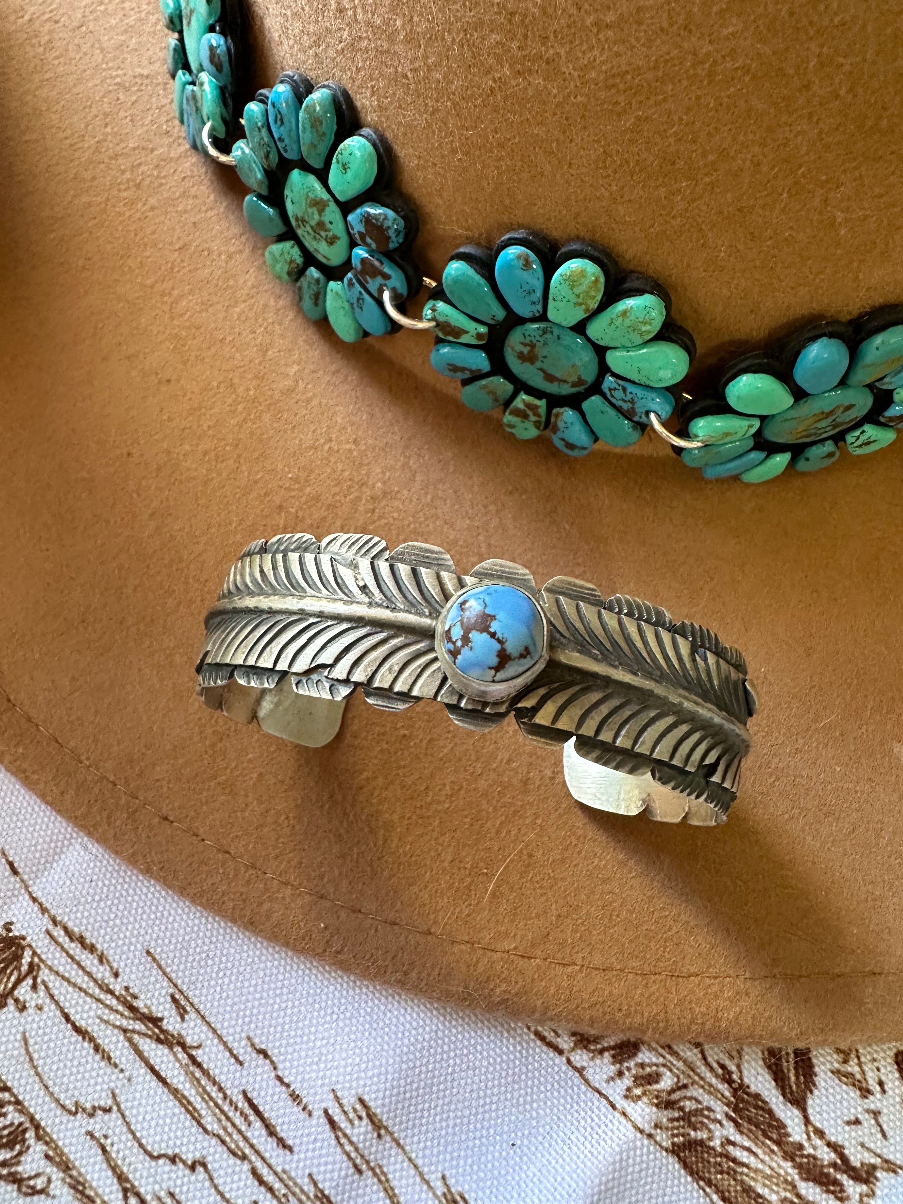 Navajo Golden Hills Turquoise & Sterling Silver Feather Cuff Bracelet