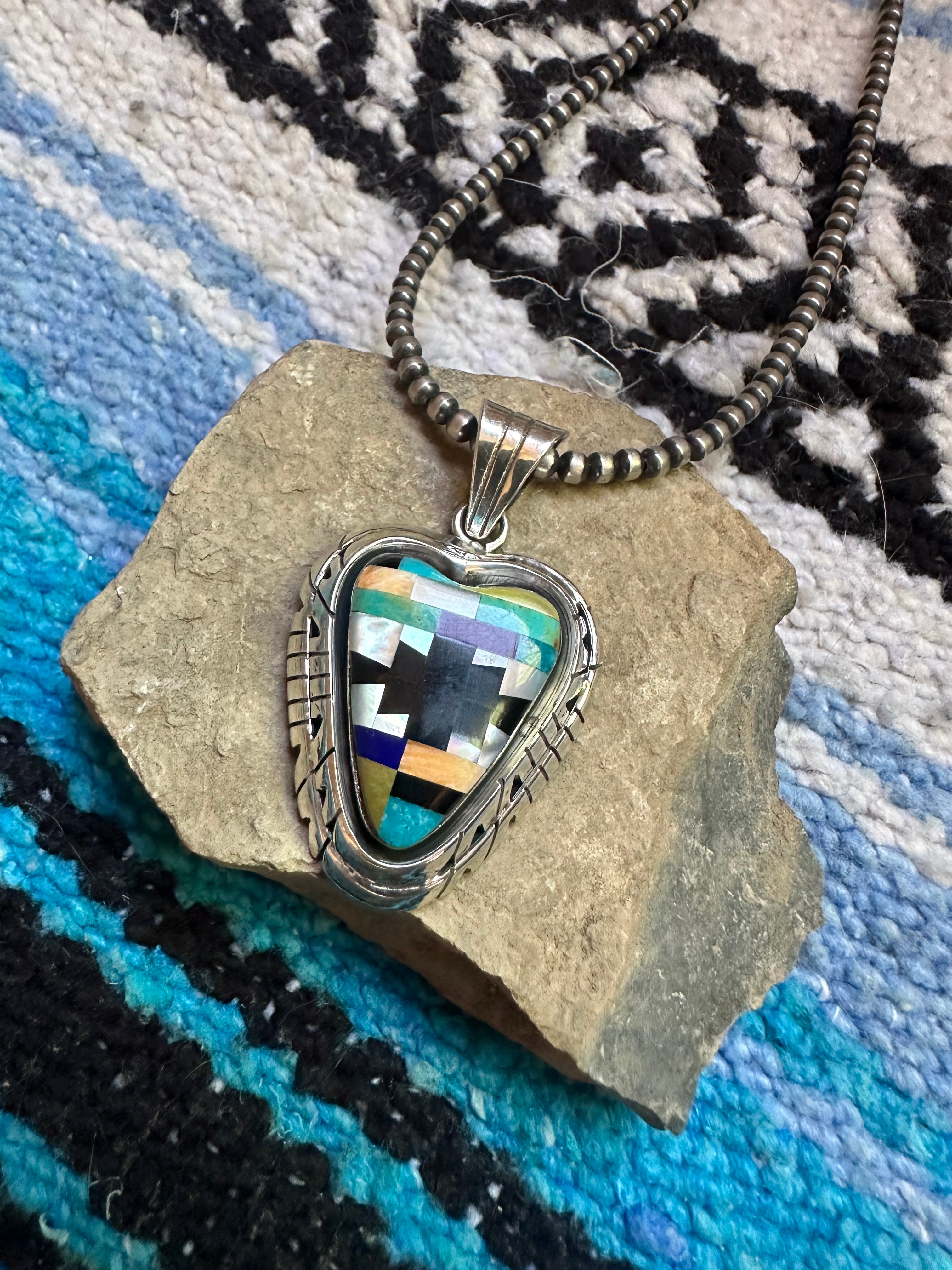 Gorgeous Handmade Sterling Silver & Multi Stone Inlay Heart Pendant