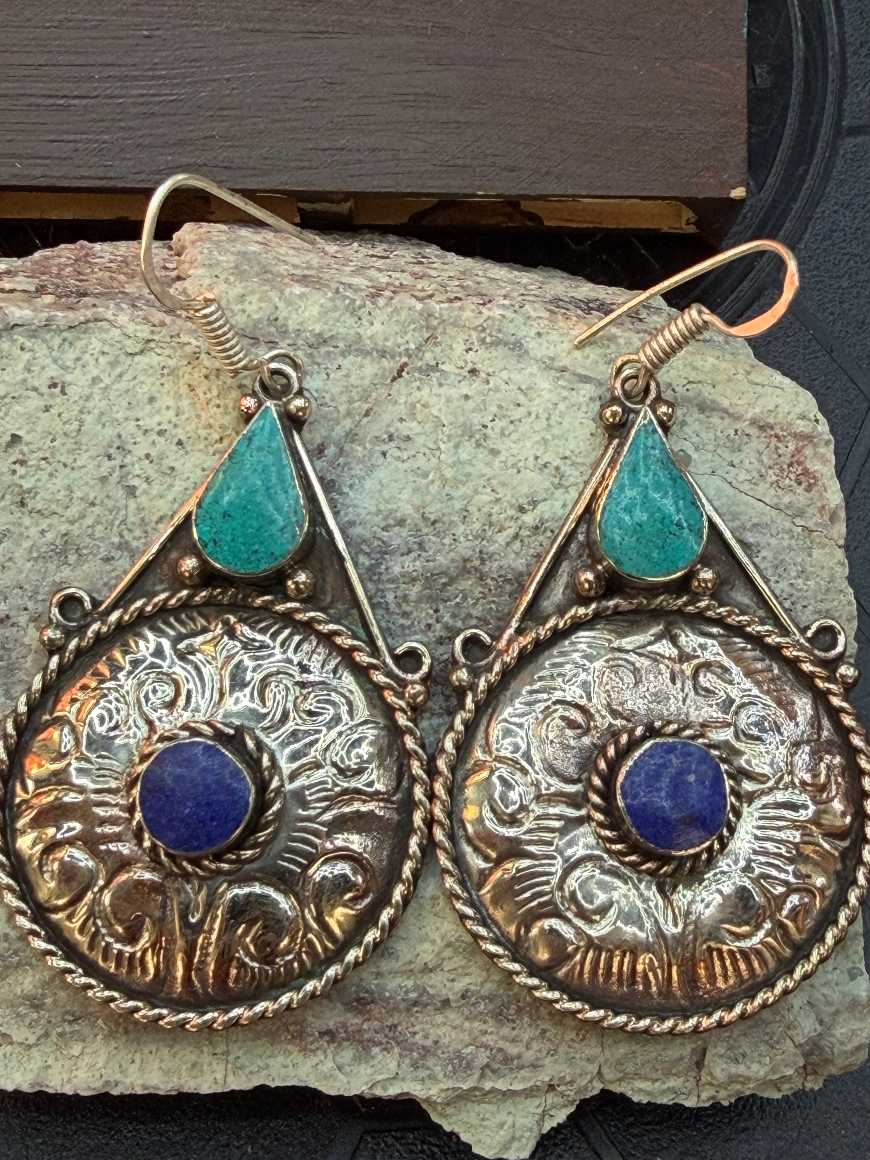 Southwestern Turquoise & Lapis Embossed Silver Drop Earrings