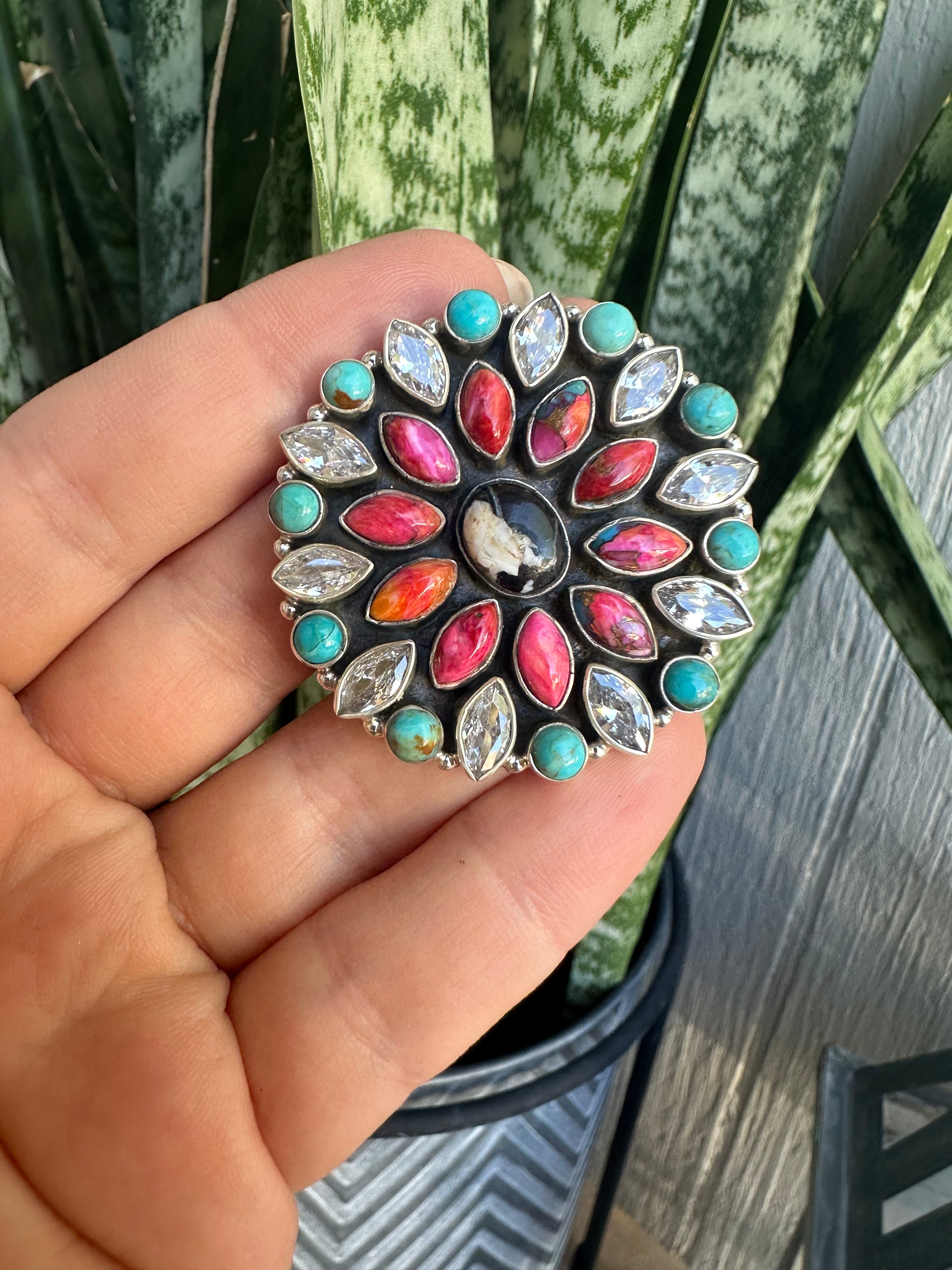 Beautiful Handmade White Buffalo, Turquoise, CZ, Pink Dream Mojave And Sterling Silver Adjustable Statement Ring