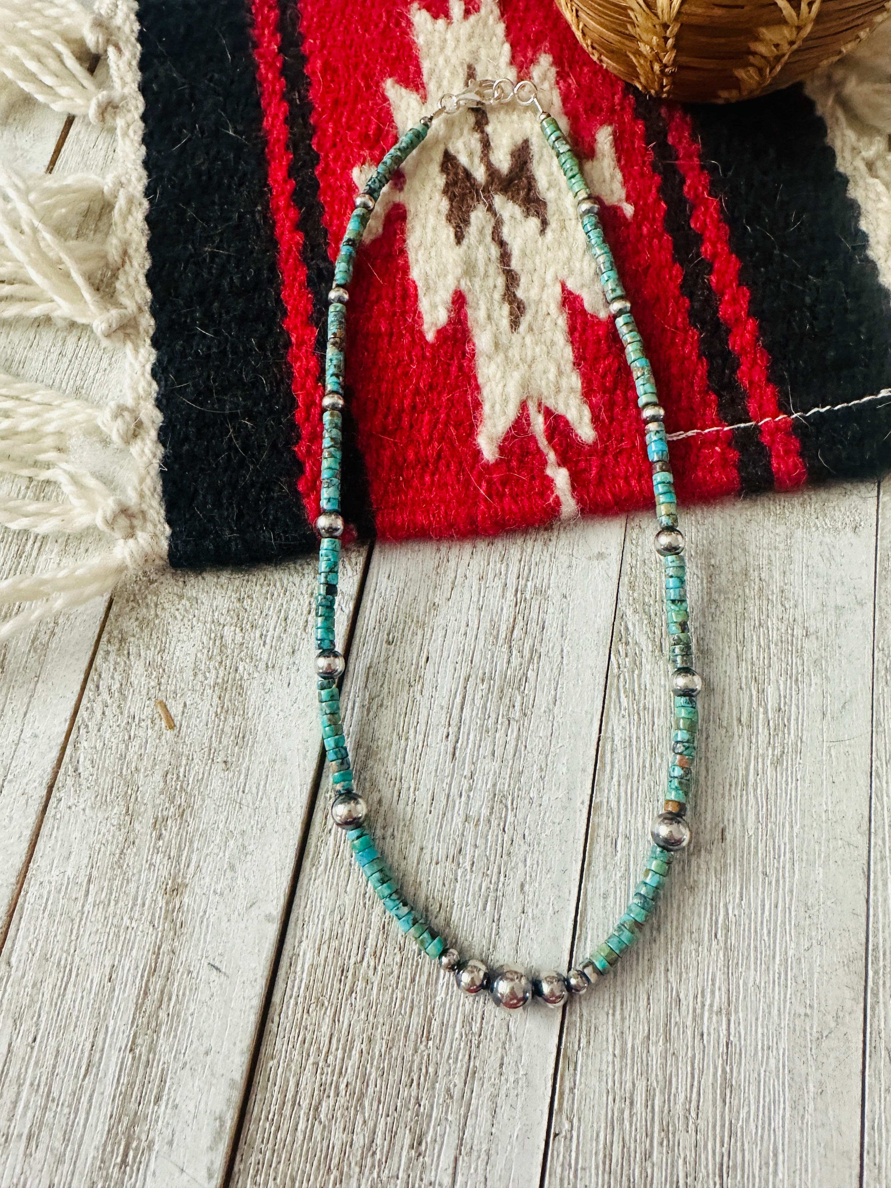 Navajo Turquoise & Sterling Silver 18” Beaded Necklace