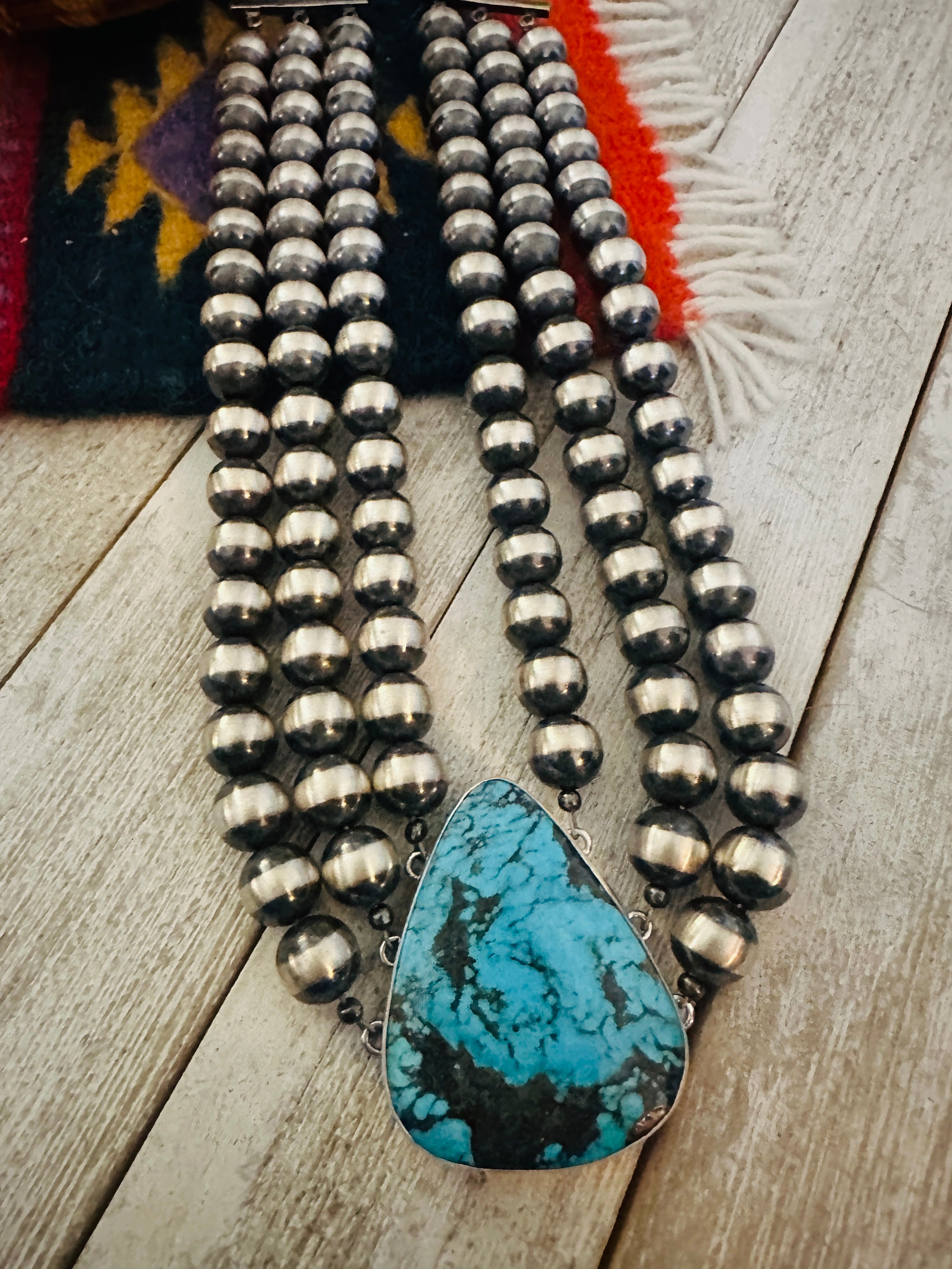 Navajo Sterling Silver & Turquoise Beaded Triple-Strand Necklace