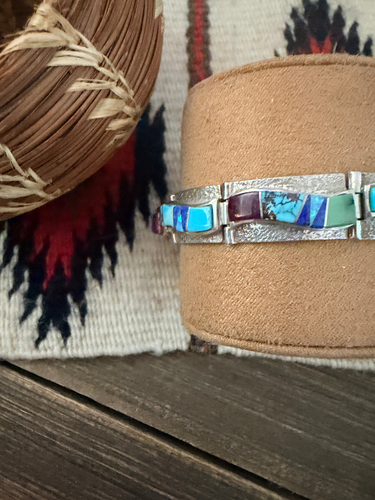Handcrafted Old Pawn Sterling Silver & Multi Stone Inlay Link Bracelet