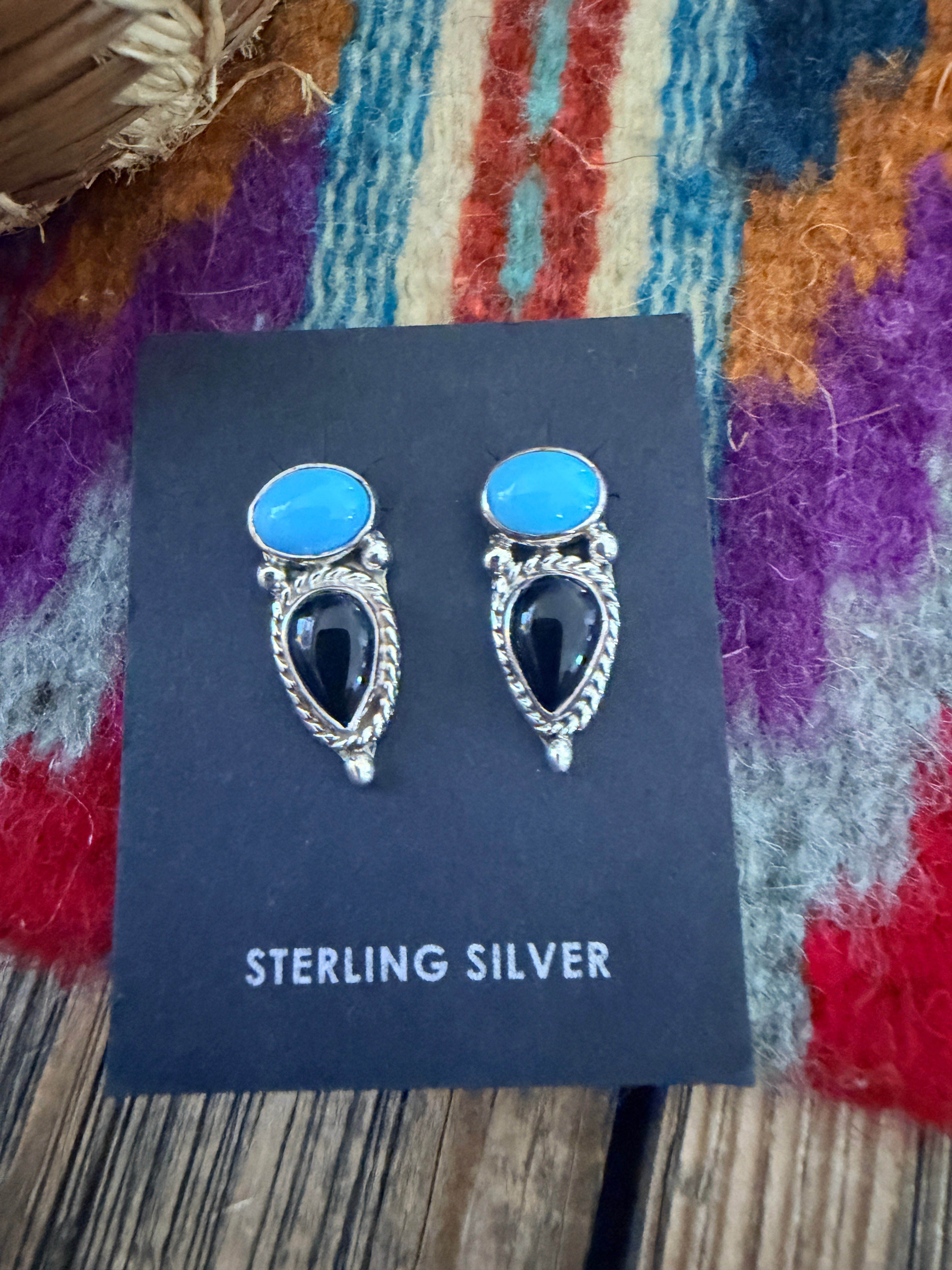 Handcrafted Turquoise, Onyx & Sterling Silver Stud Earrings by Jacqueline Silver