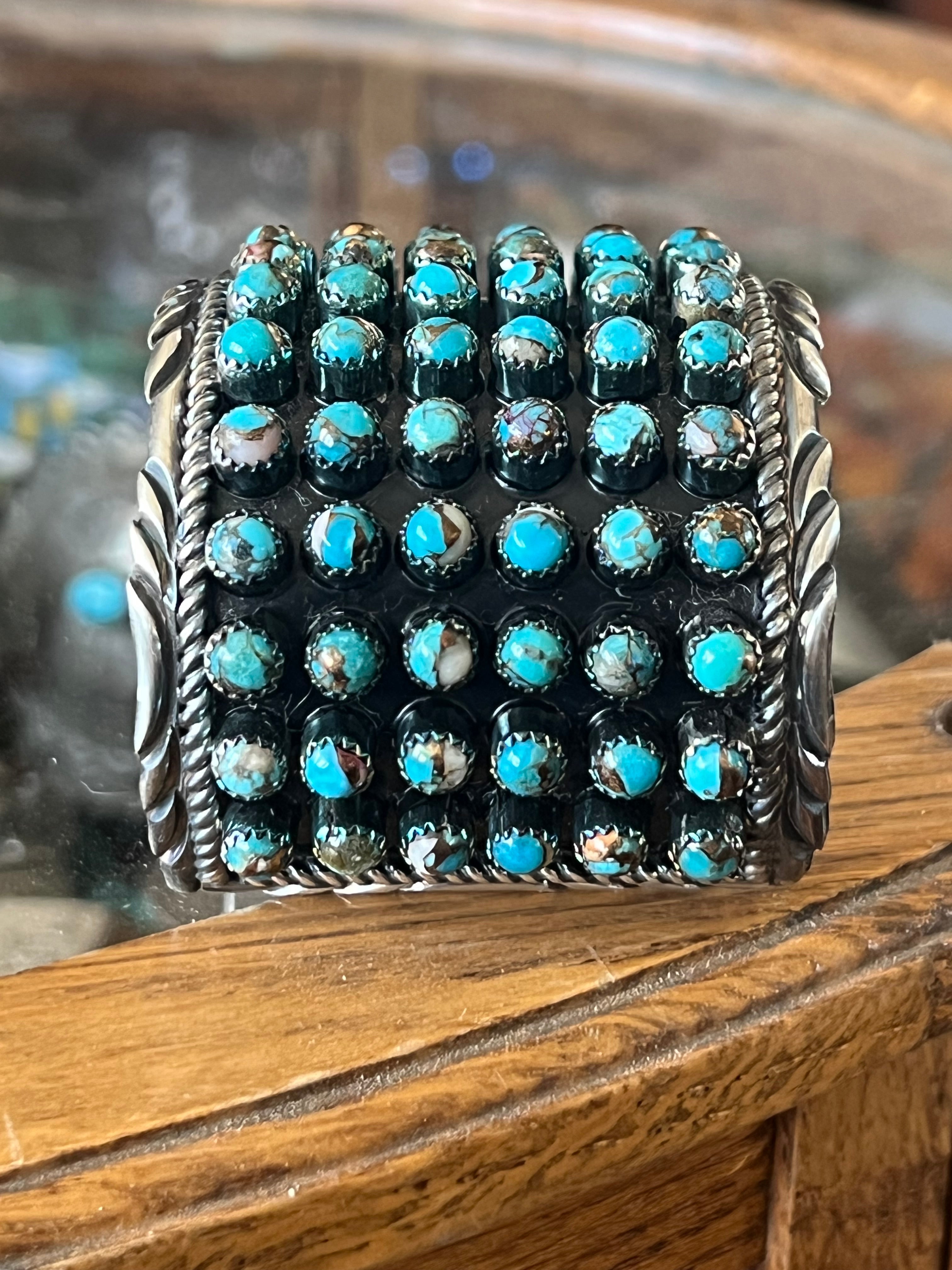 Handcrafted Sterling Silver and Blue Mohave Snake Eye Style Six Row Cuff Bracelet, Signed BJ