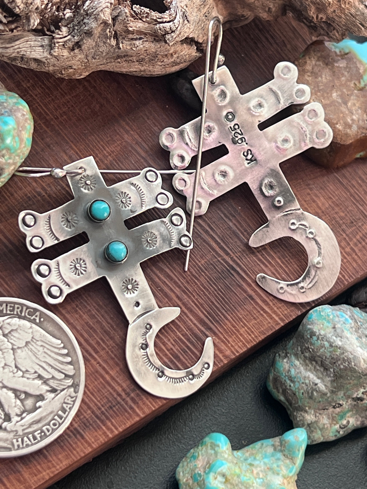 Hand Stamped Sterling Silver Dragonfly Cross Crescent Moon Dangle Earrings with Kingman Turquoise by Kimari Somers, Shaped Bars