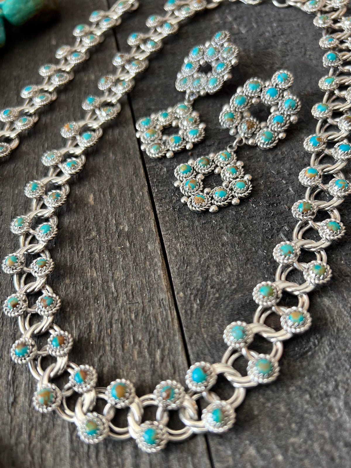 Handcrafted Sterling and Snake Eye Turquoise Link Necklace, Bracelet & Earrings by Dillon Cheama