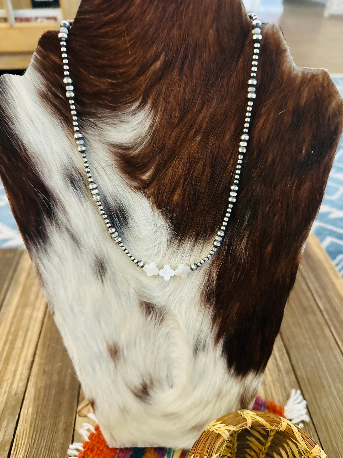 Handcrafted Mother of Pearl & Sterling Silver Pearl 18” Cross Beaded Necklace